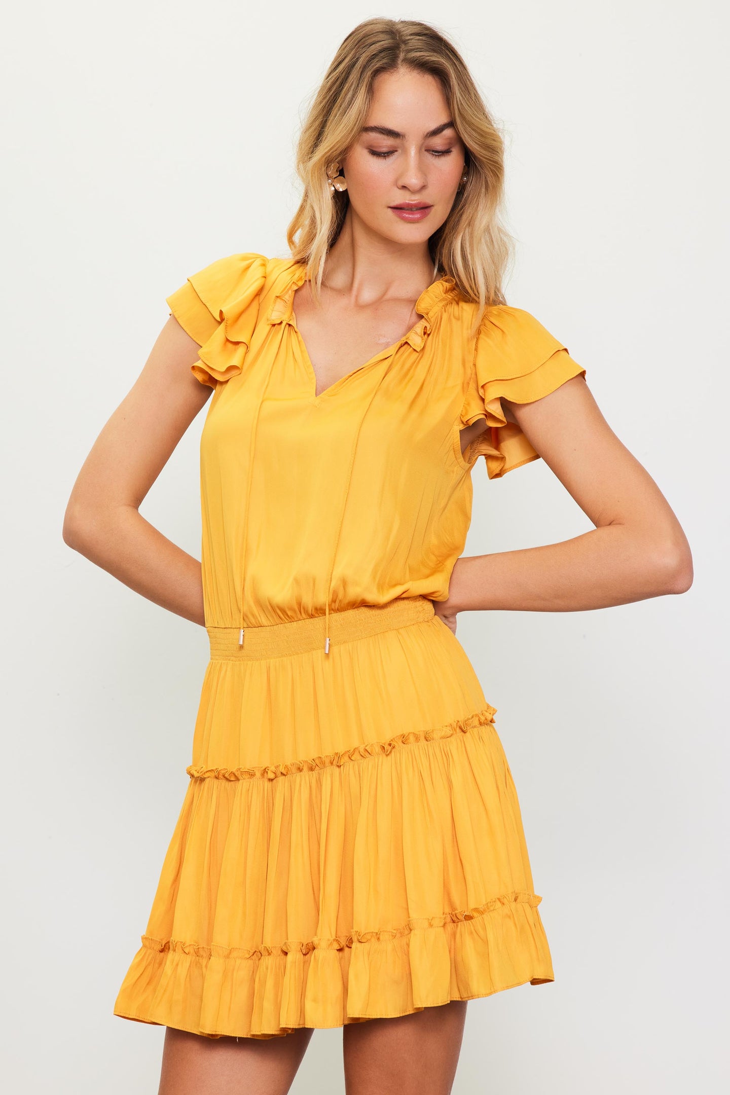 Satin Ruffled Sleeve Mini Dress