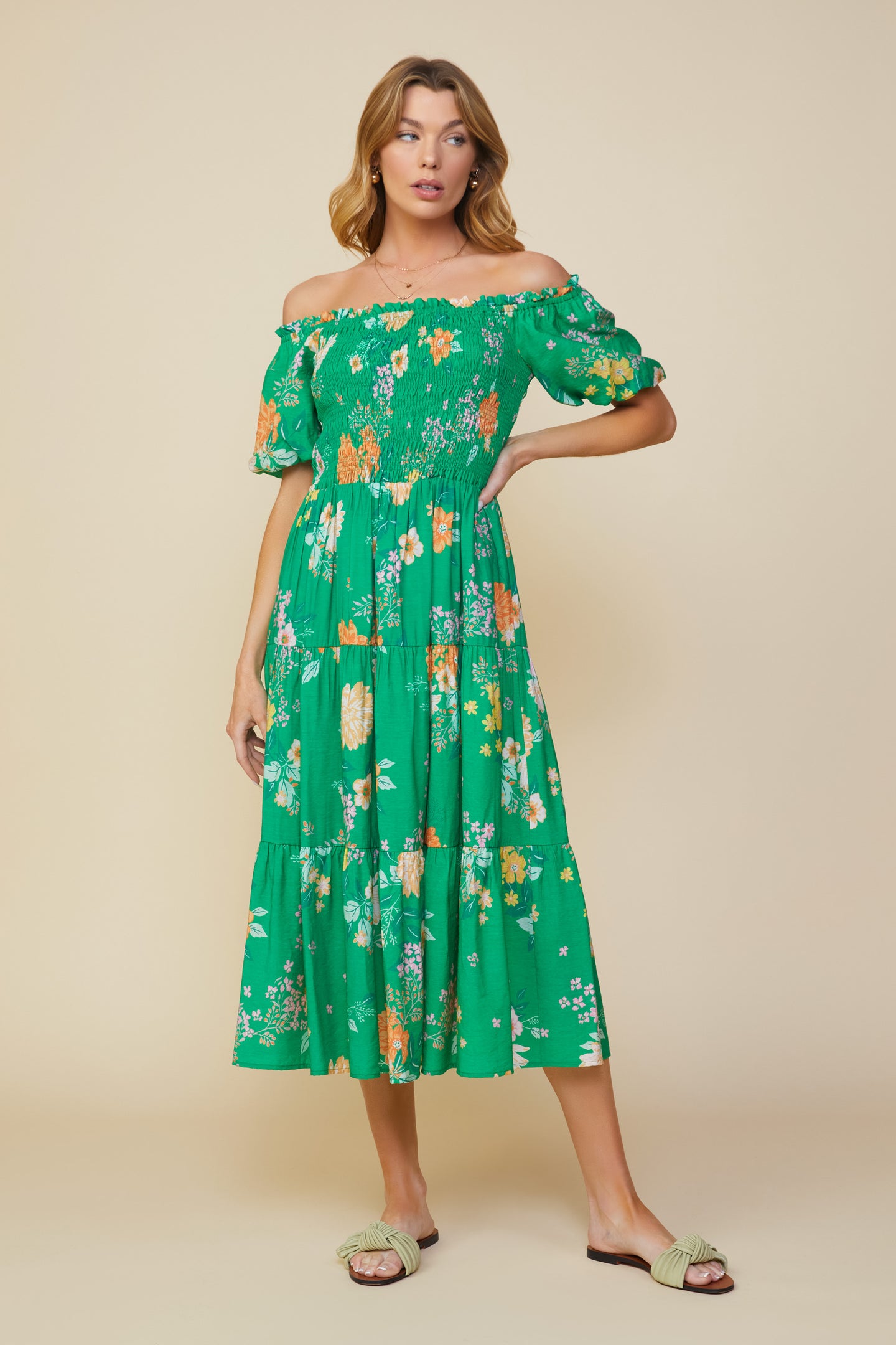 Fleur Print Off Shoulder Midi Dress