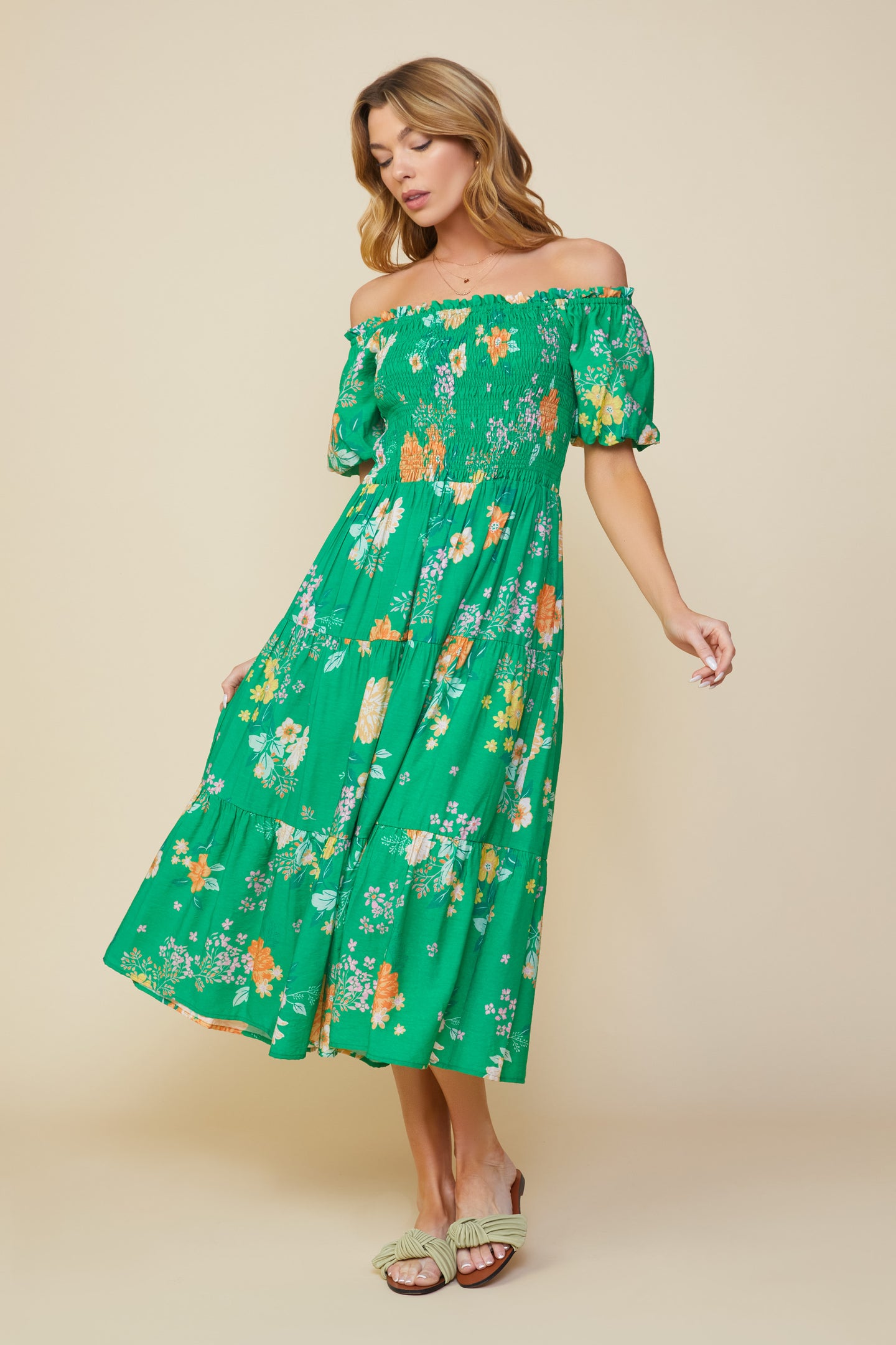 Fleur Print Off Shoulder Midi Dress