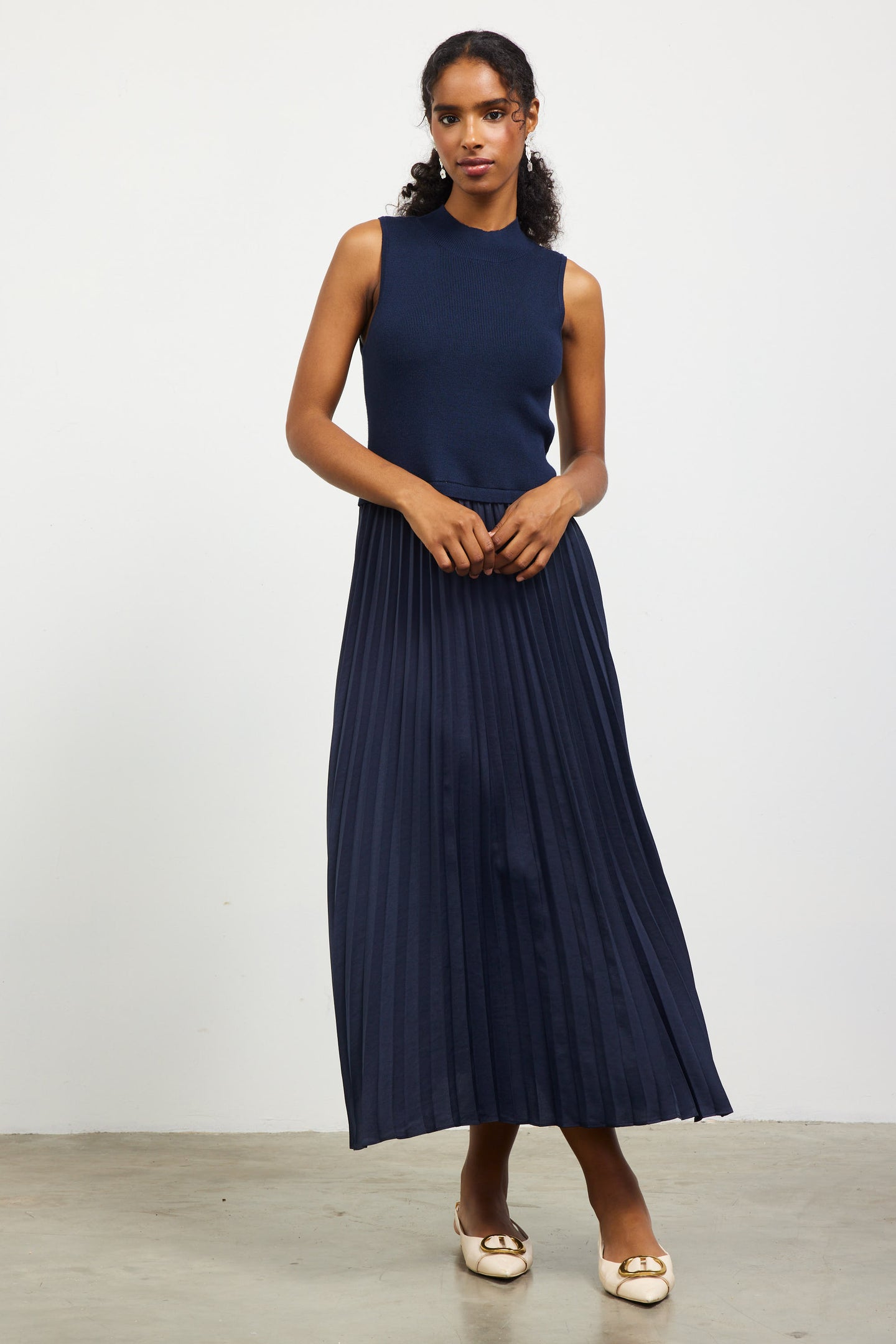 Mixed Media Pleated Midi Dress