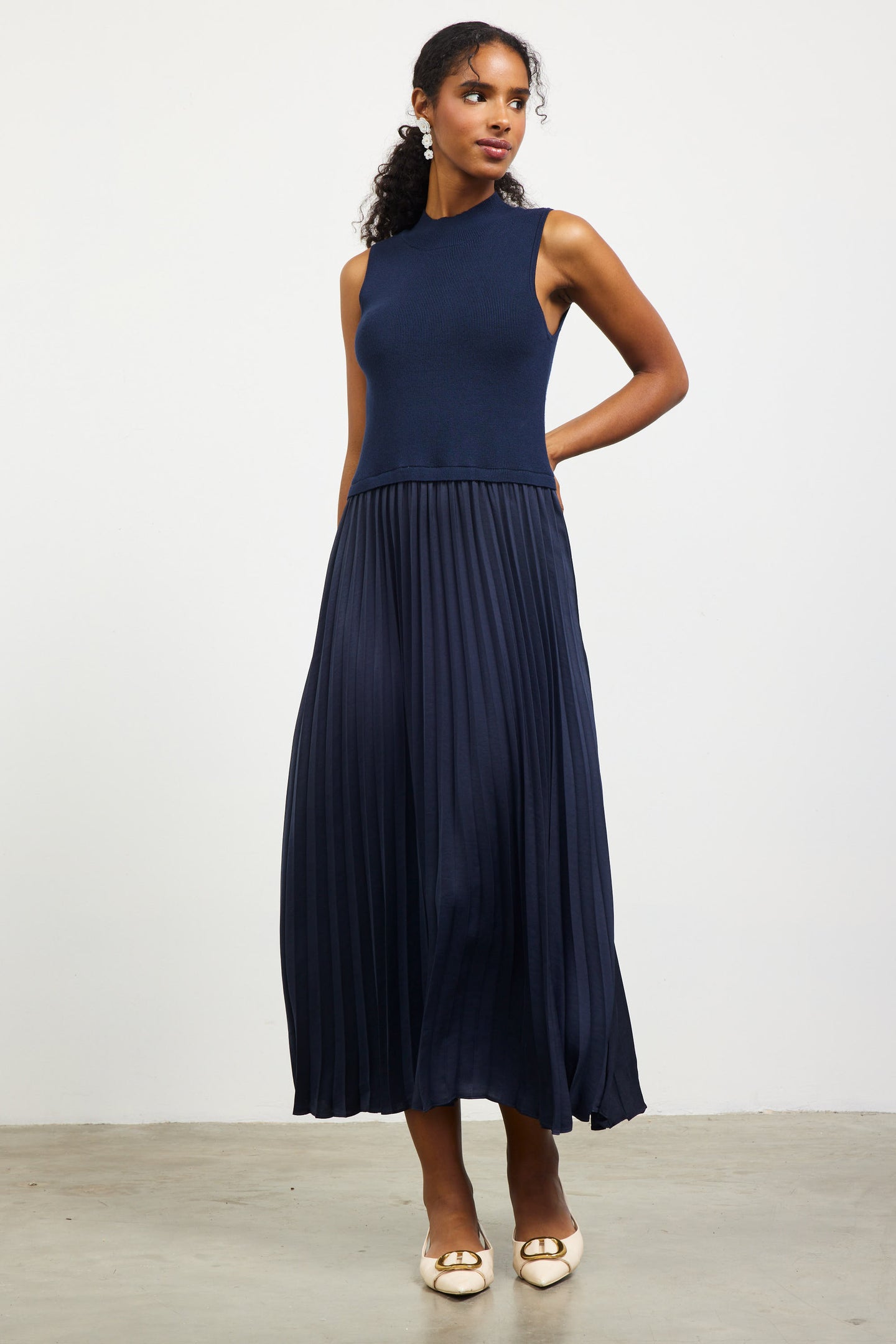 Mixed Media Pleated Midi Dress