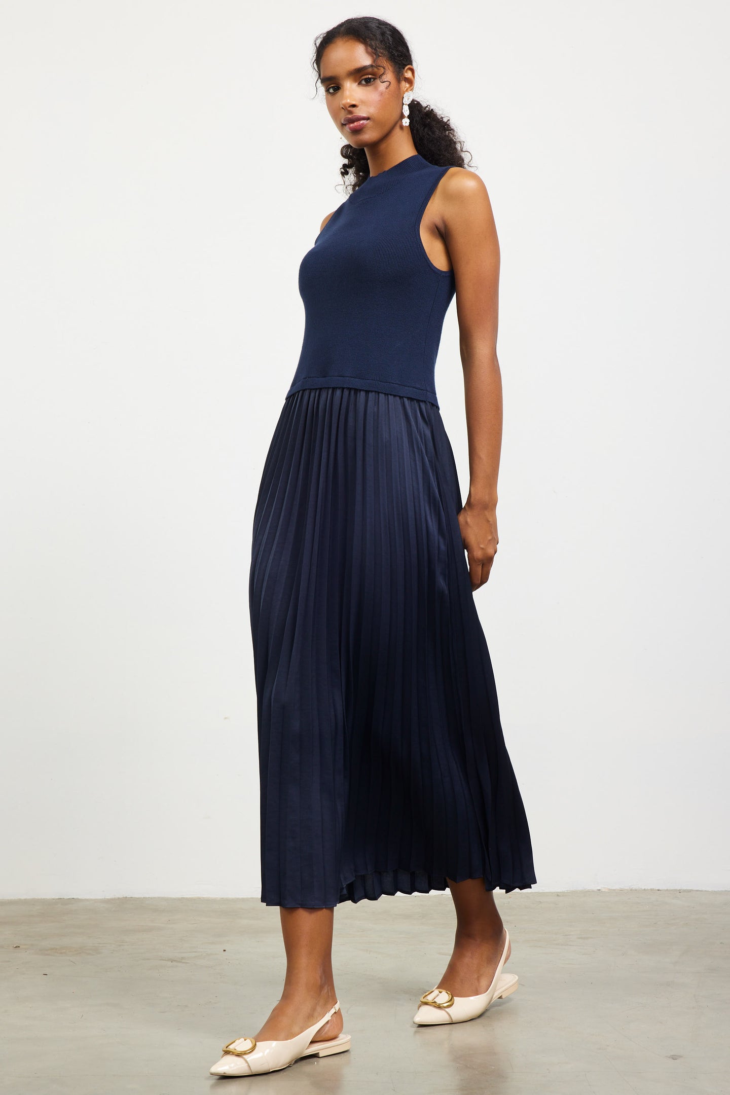 Mixed Media Pleated Midi Dress