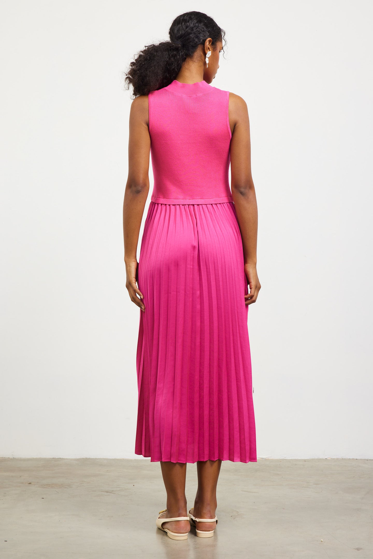 Mixed Media Pleated Midi Dress