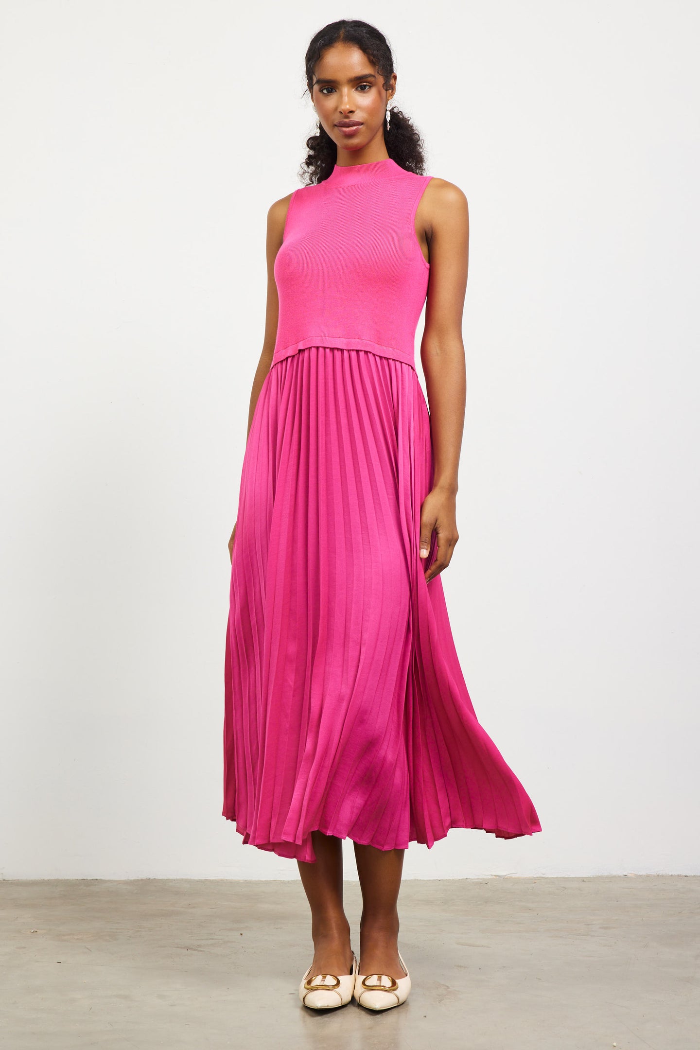 Mixed Media Pleated Midi Dress