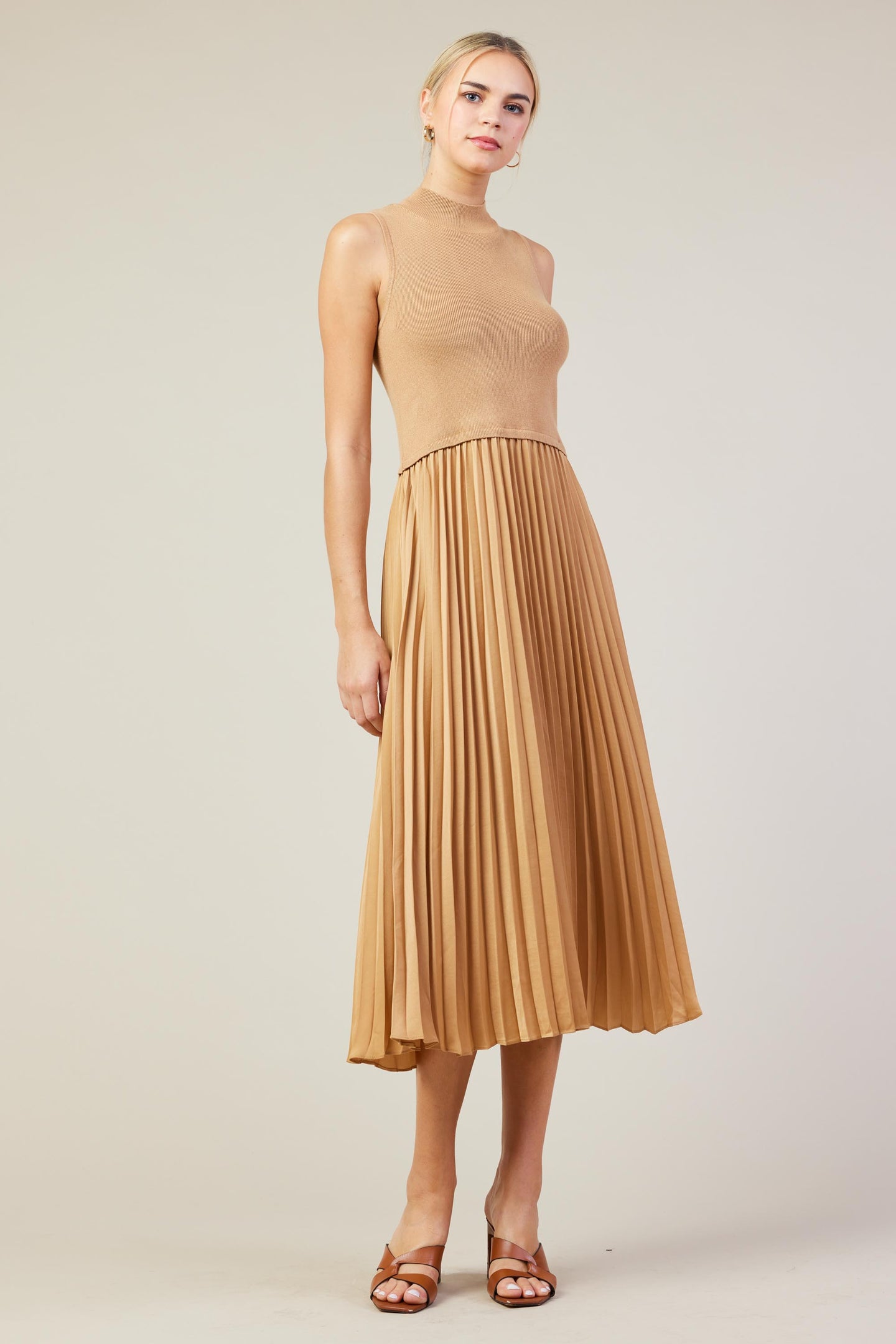 Mixed Media Pleated Midi Dress