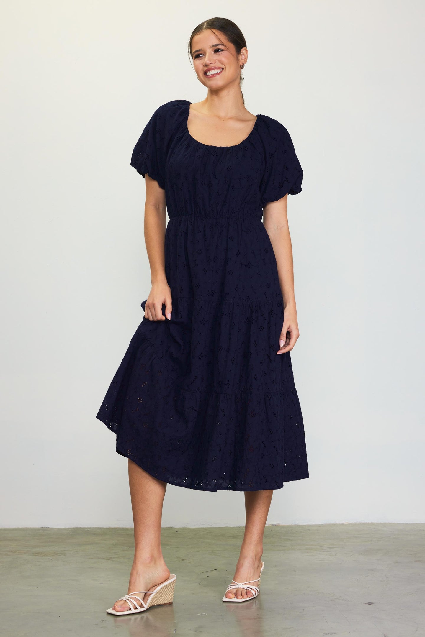 Puffed Sleeve Tiered Midi Dress