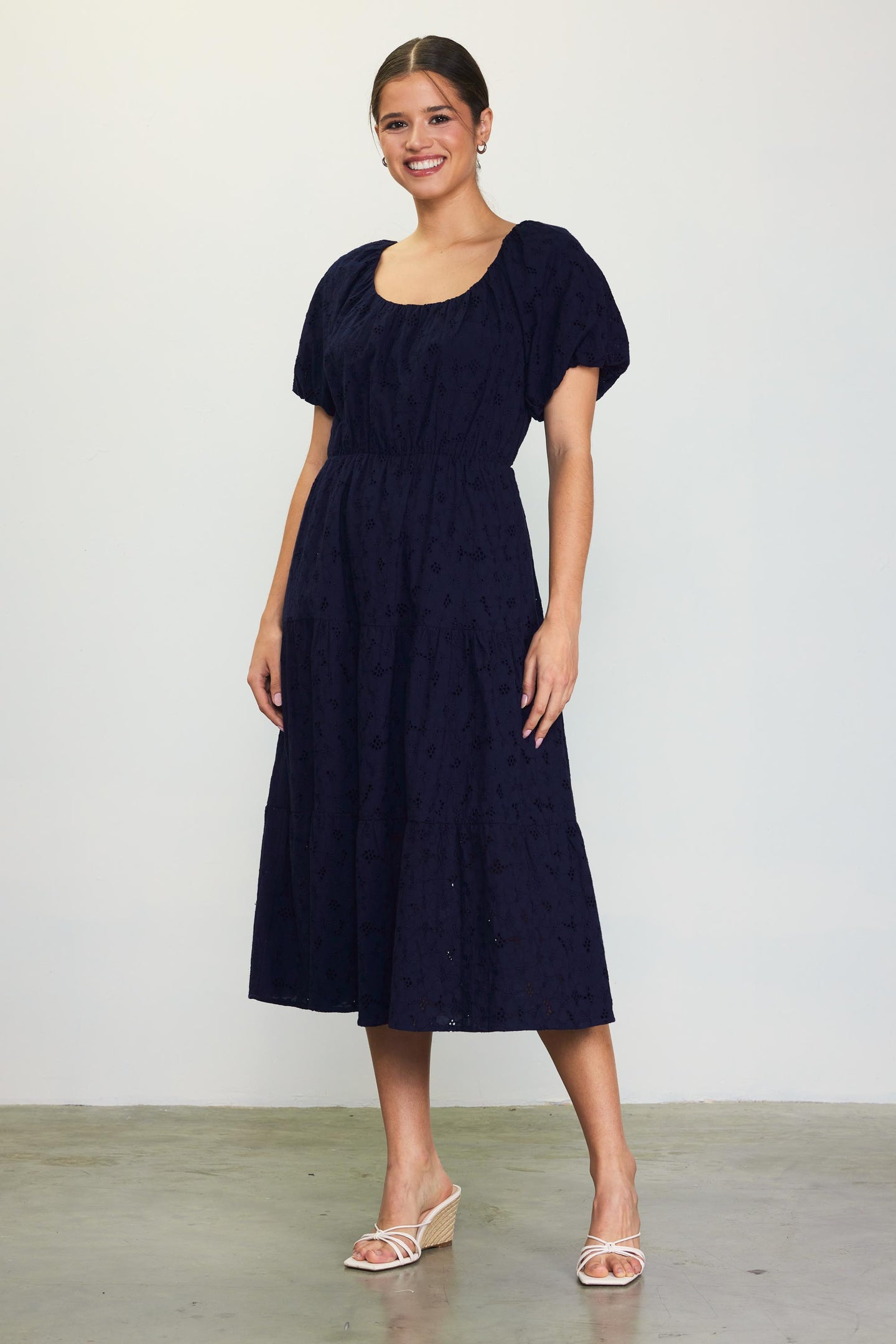 Puffed Sleeve Tiered Midi Dress