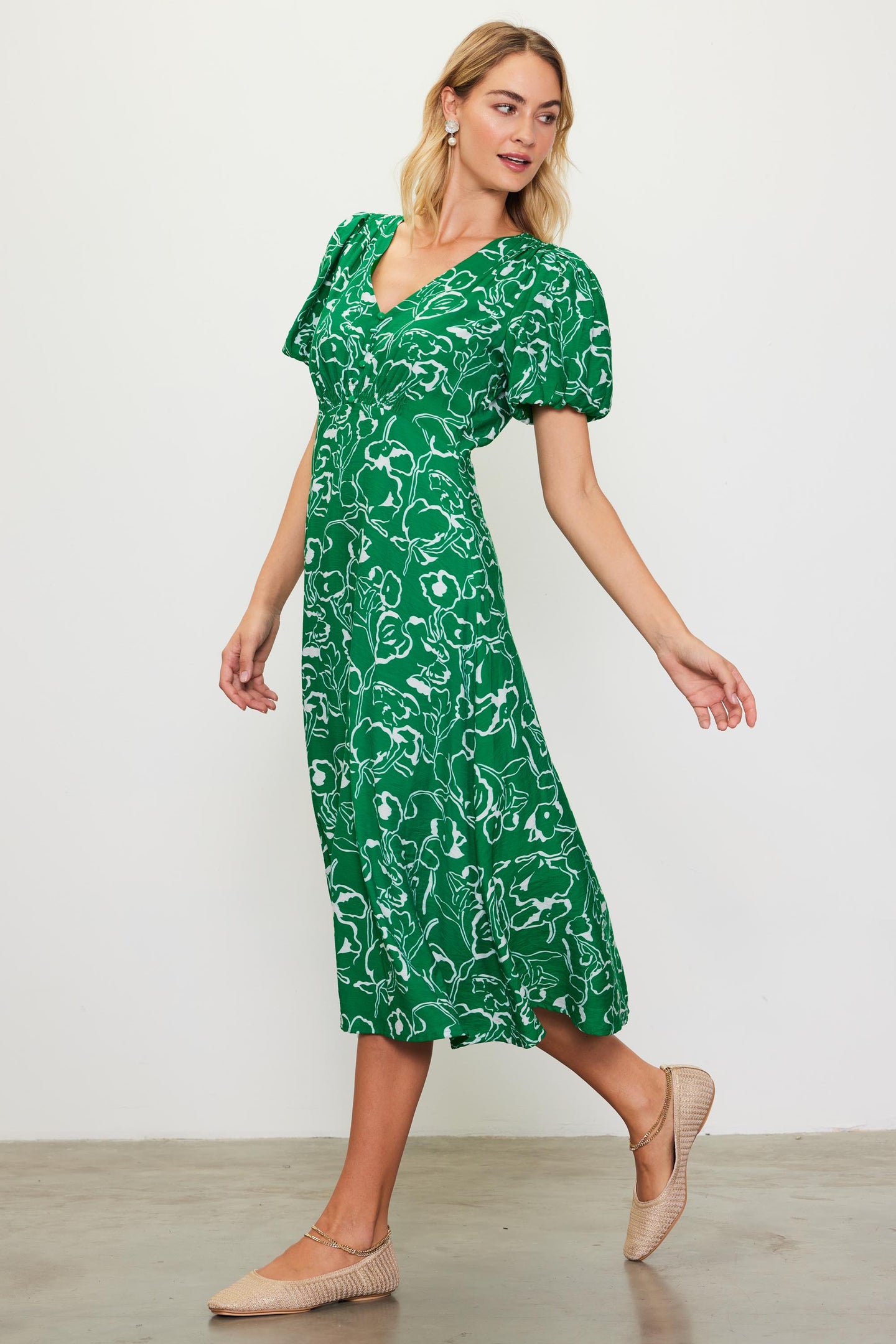 Shirred Shoulder Print Midi Dress