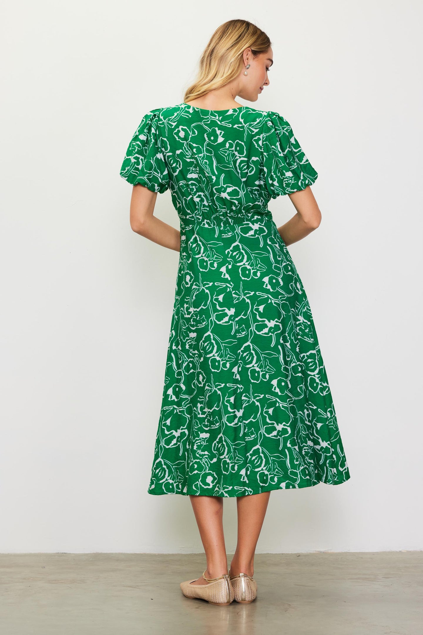 Shirred Shoulder Print Midi Dress