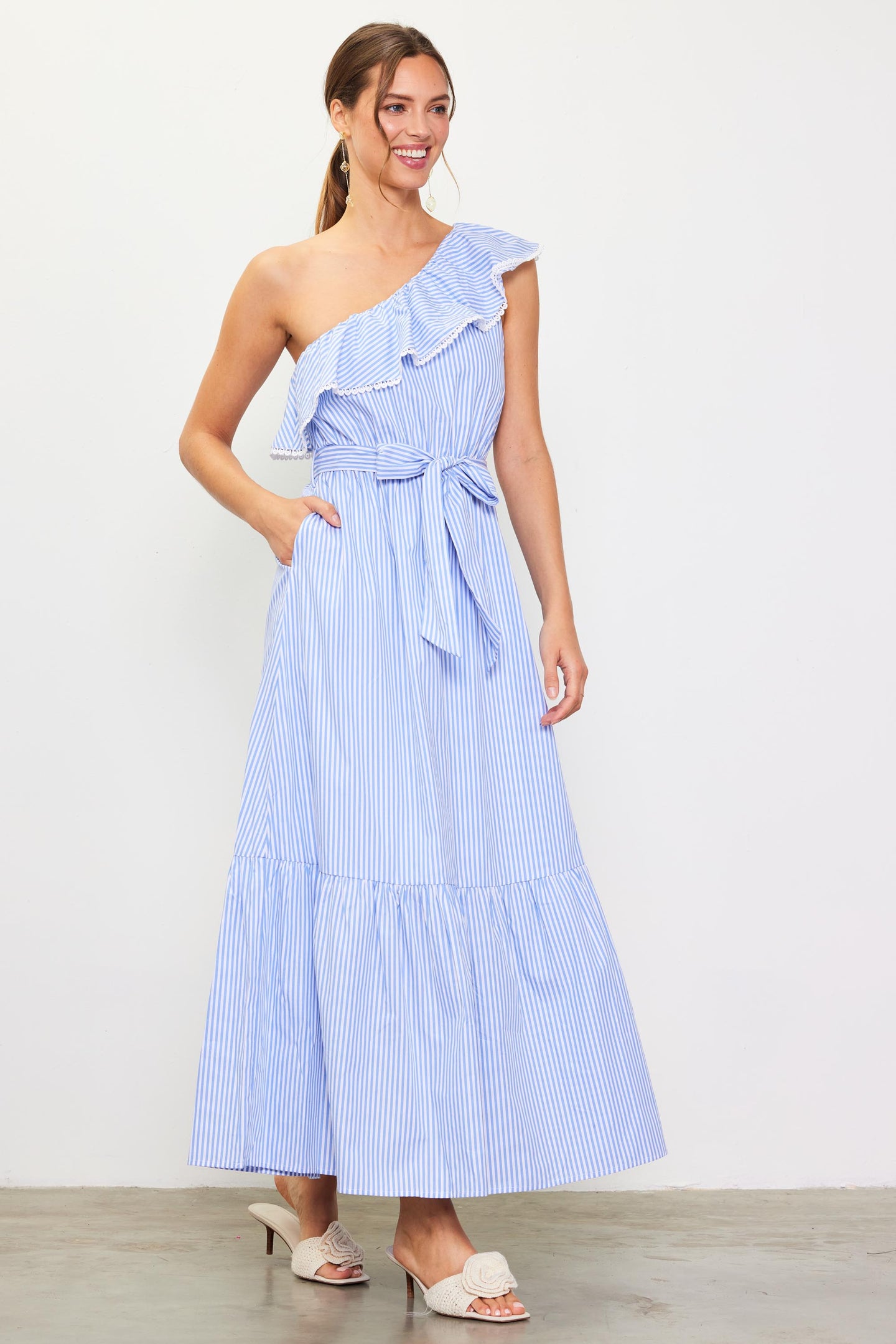 Striped One Shoulder Ruffle Dress