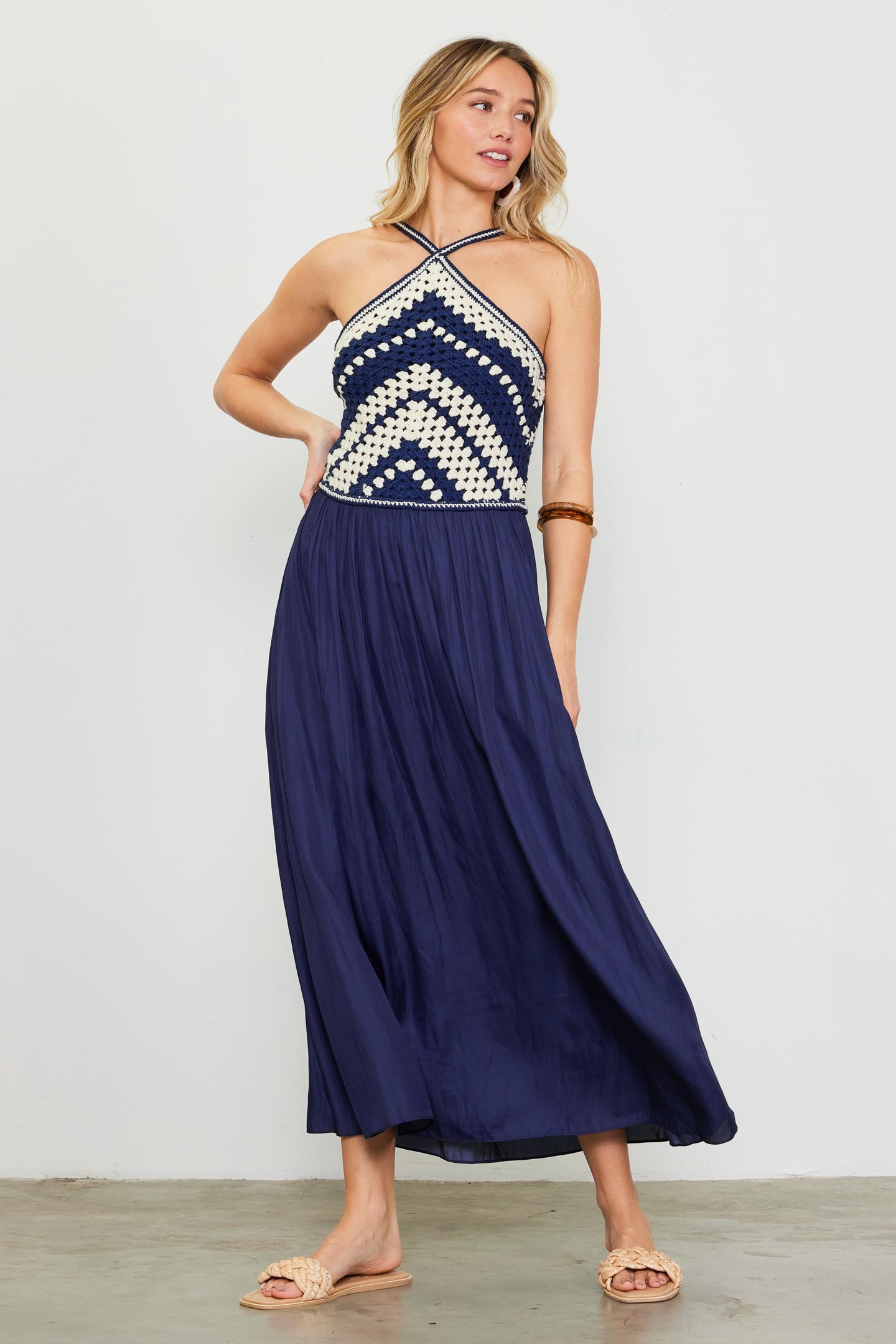 Mixed Media Halter Neck Midi Dress