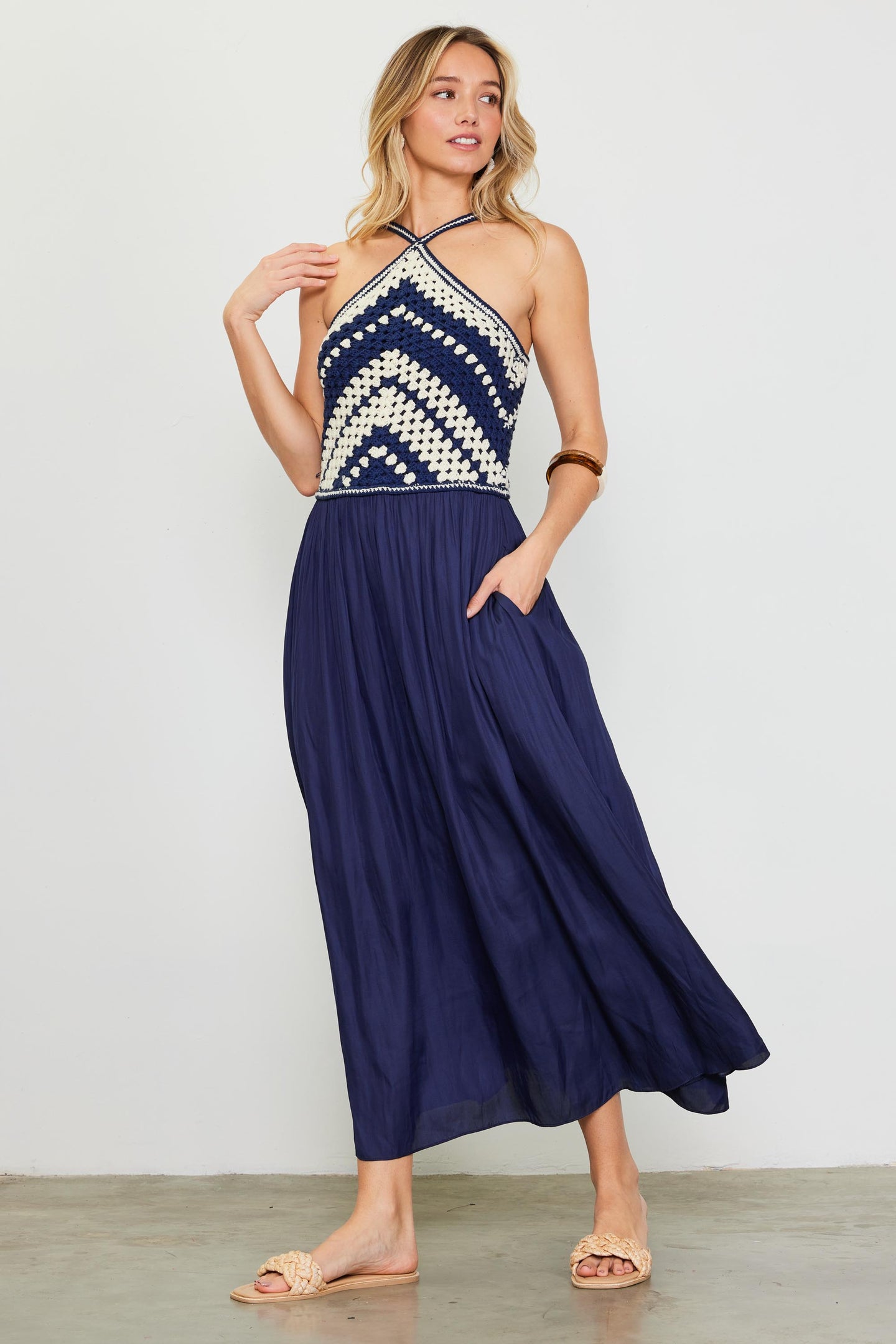 Mixed Media Halter Neck Midi Dress