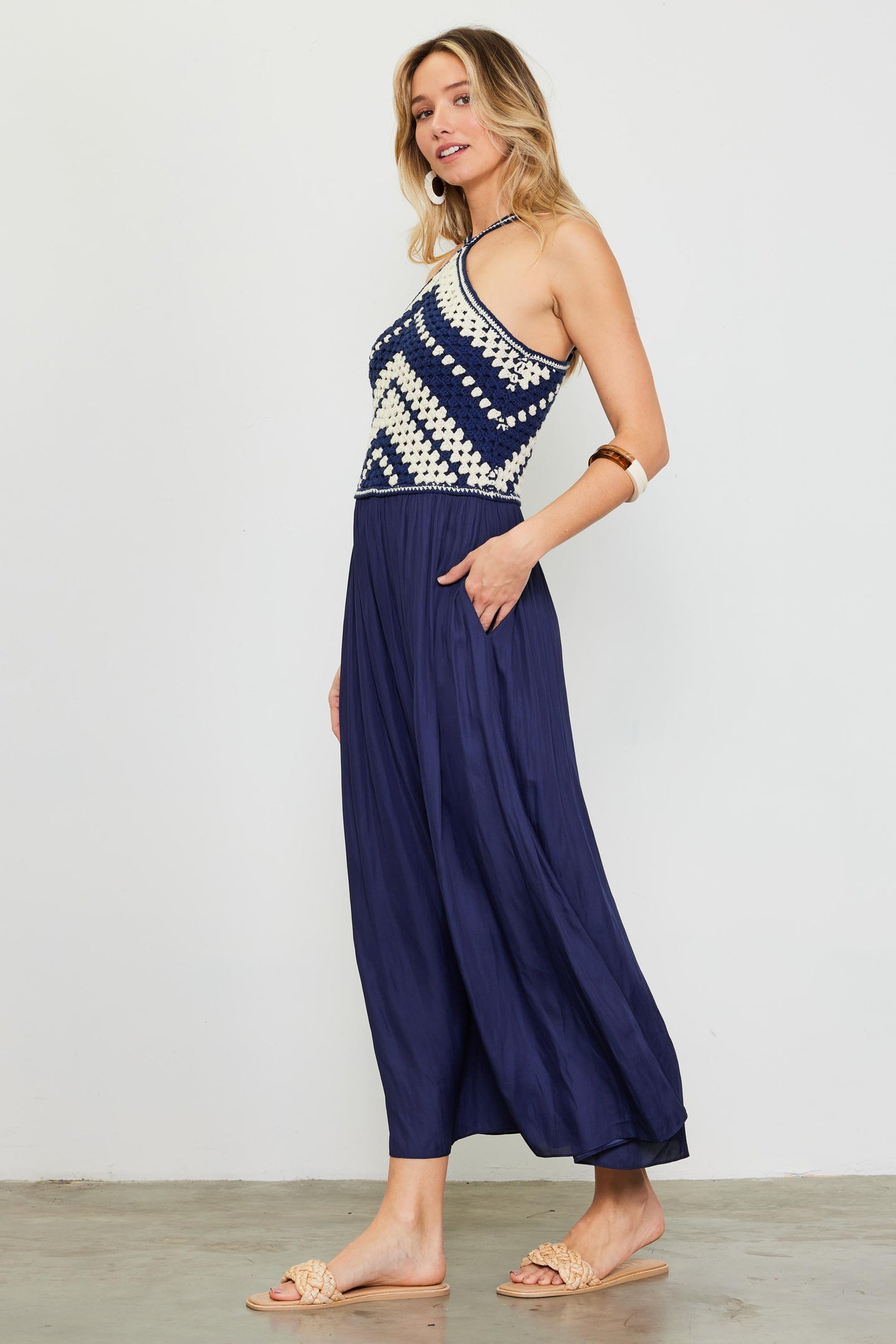 Mixed Media Halter Neck Midi Dress