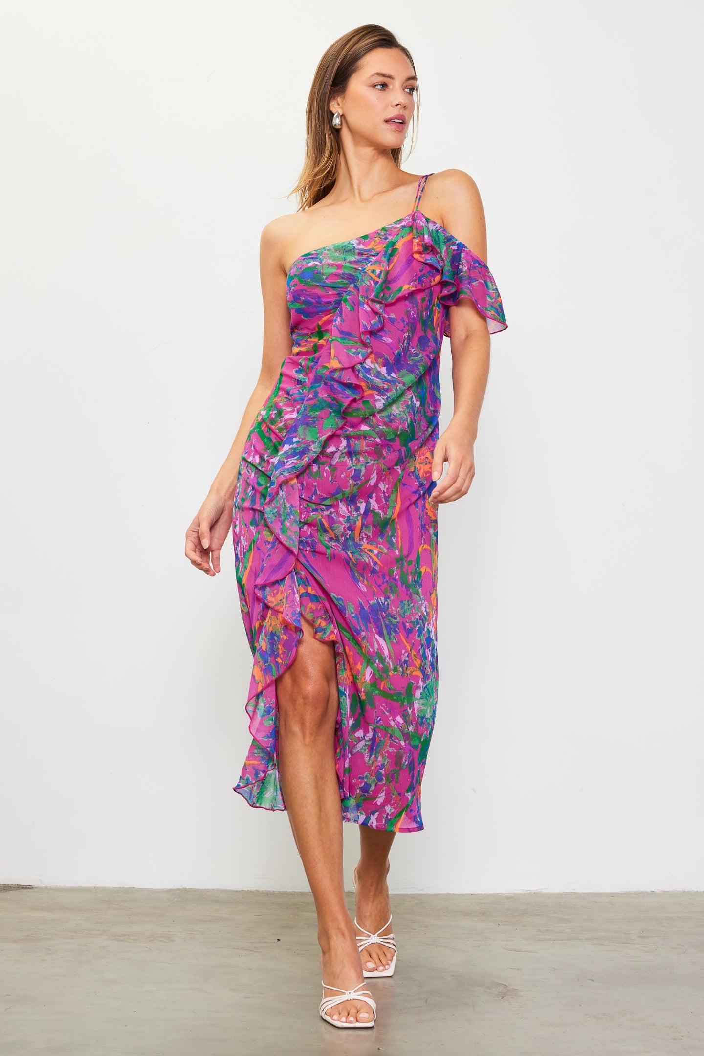 Floral Print One Shoulder Ruffle Dress