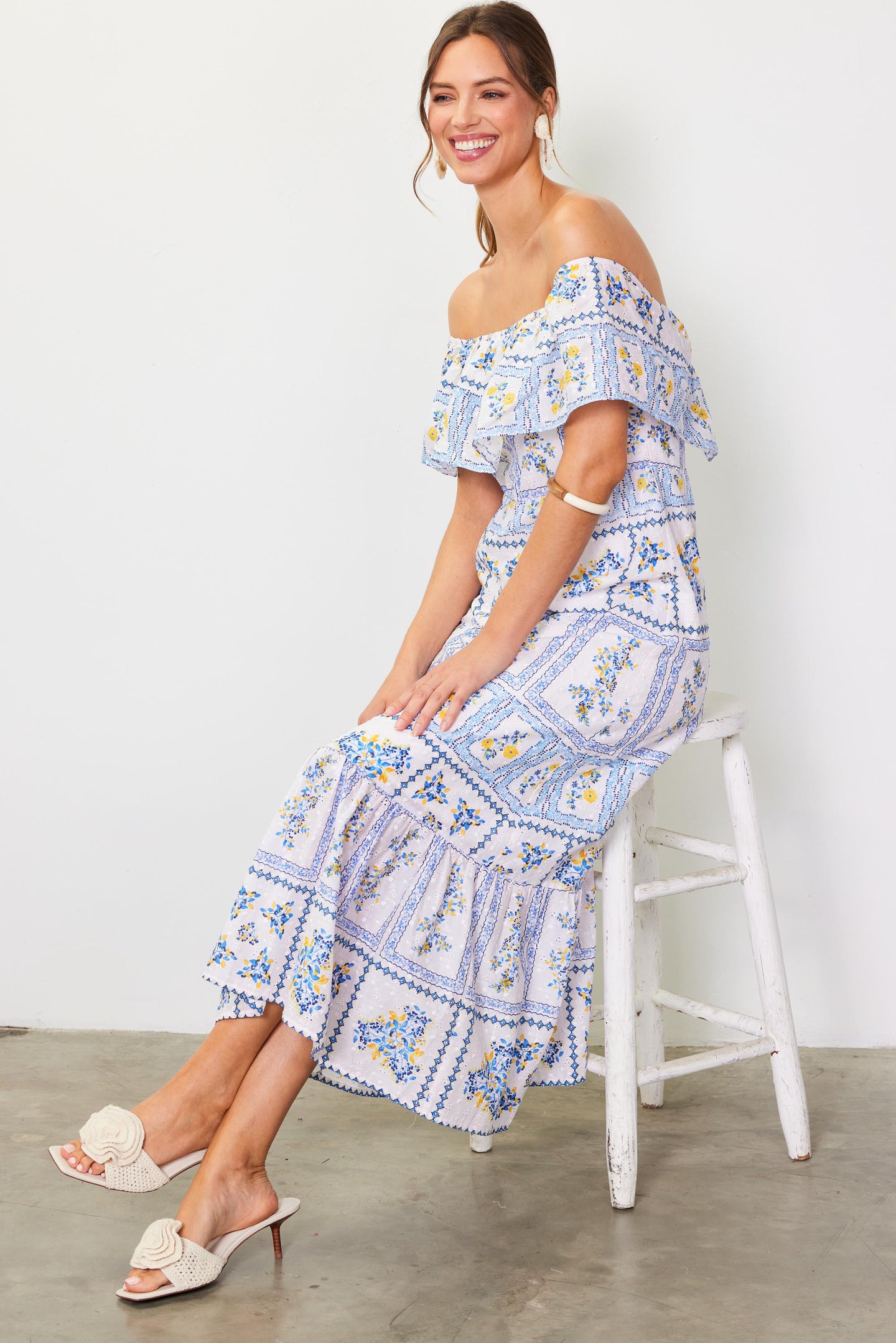 Eyelet Embroidered Print Maxi Dress