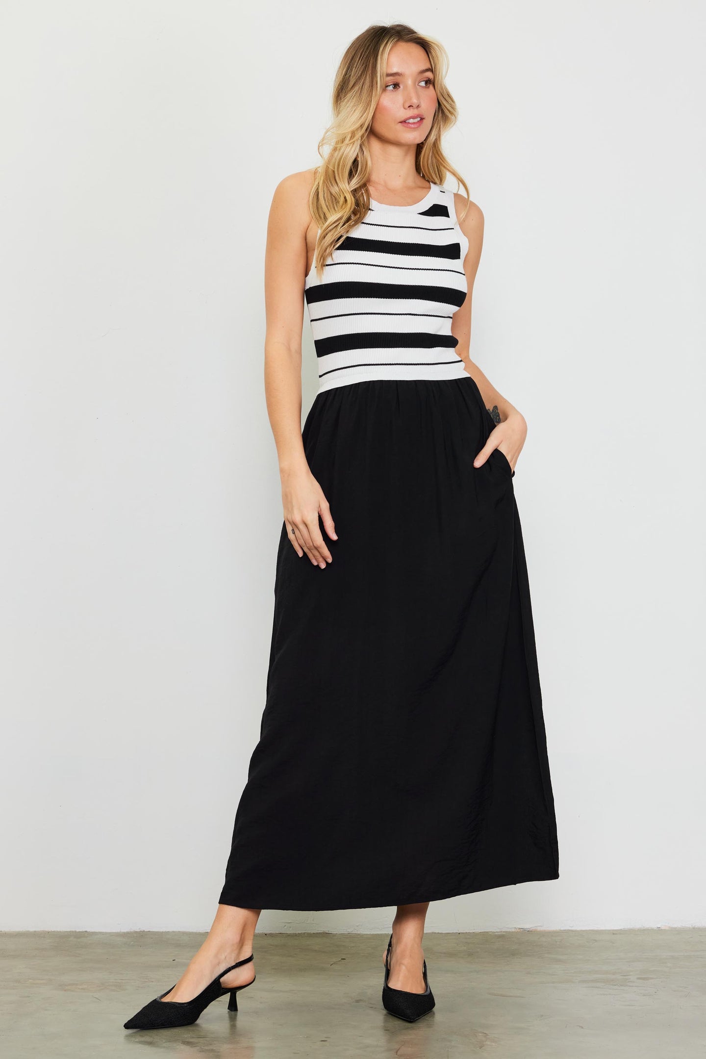 Mixed Media Striped Sleeveless Midi Dress