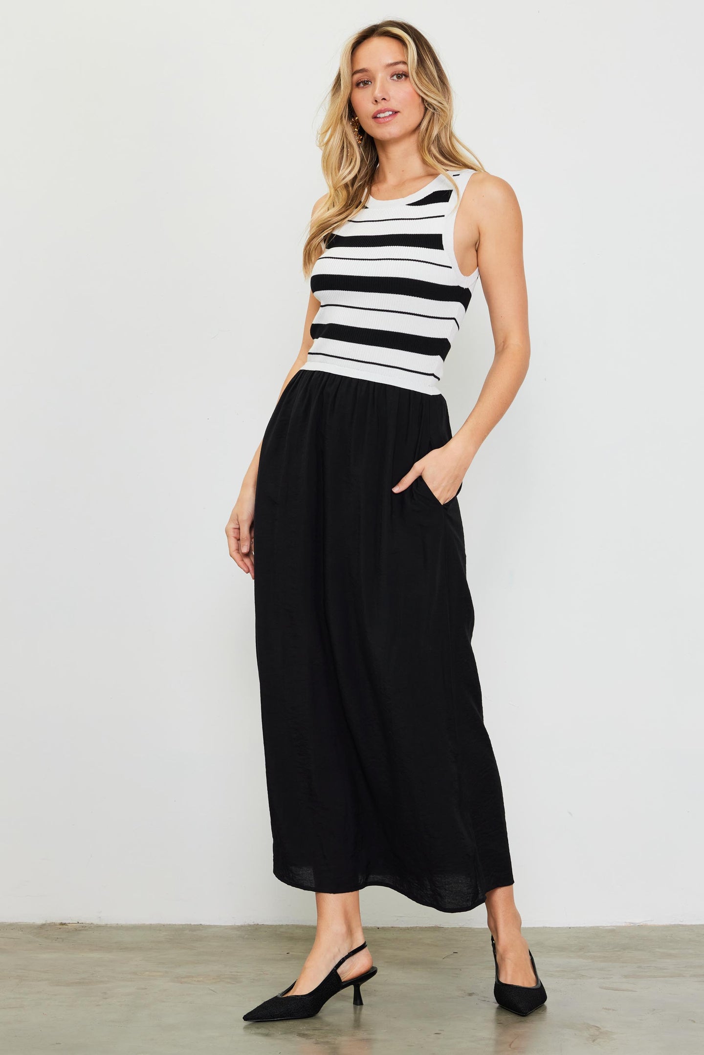 Mixed Media Striped Sleeveless Midi Dress