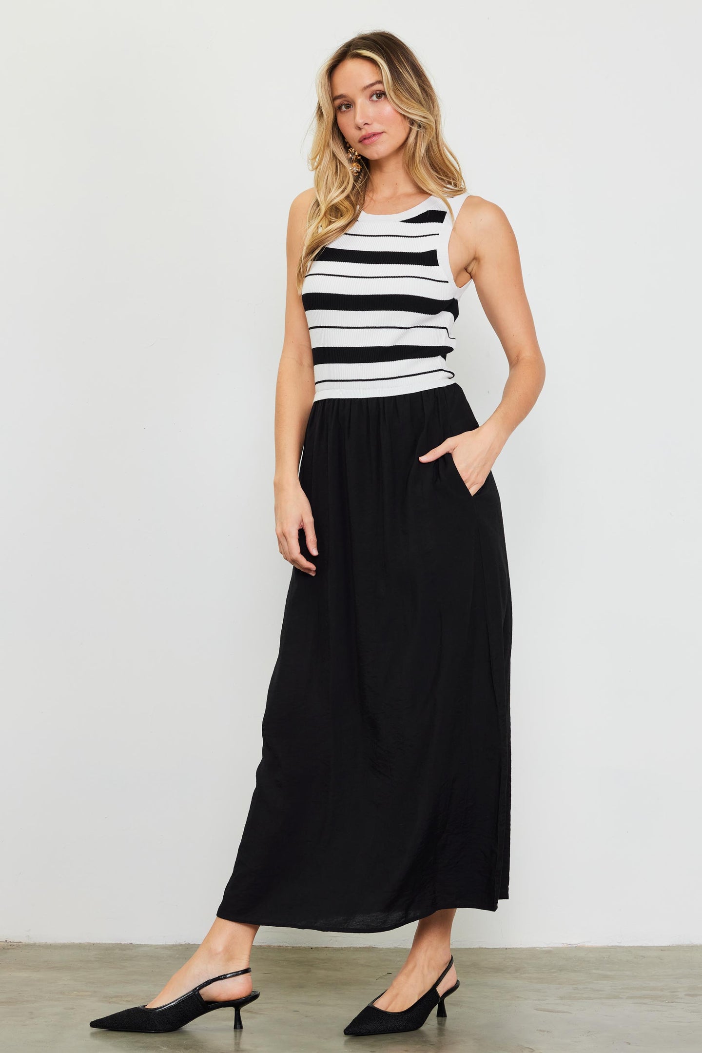 Mixed Media Striped Sleeveless Midi Dress