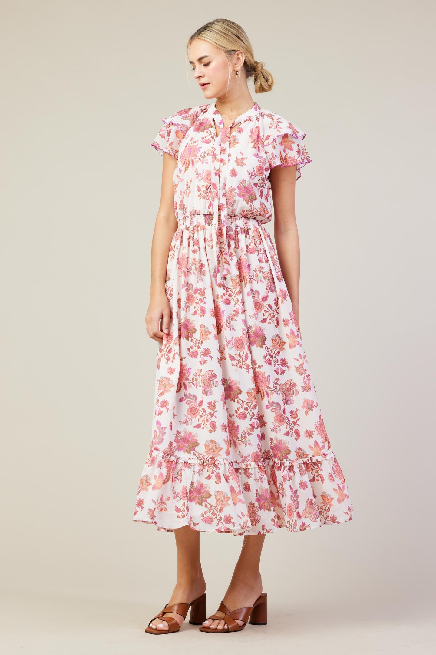 Ceres Floral Print Tie Neck Midi Dress