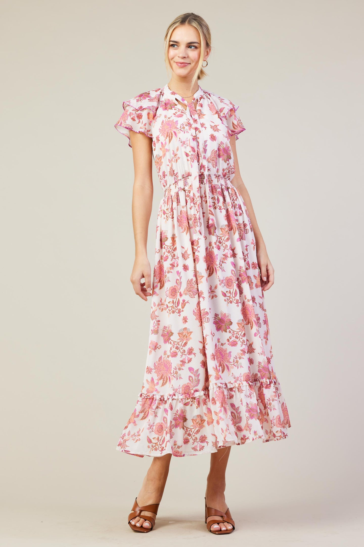 Ceres Floral Print Tie Neck Midi Dress