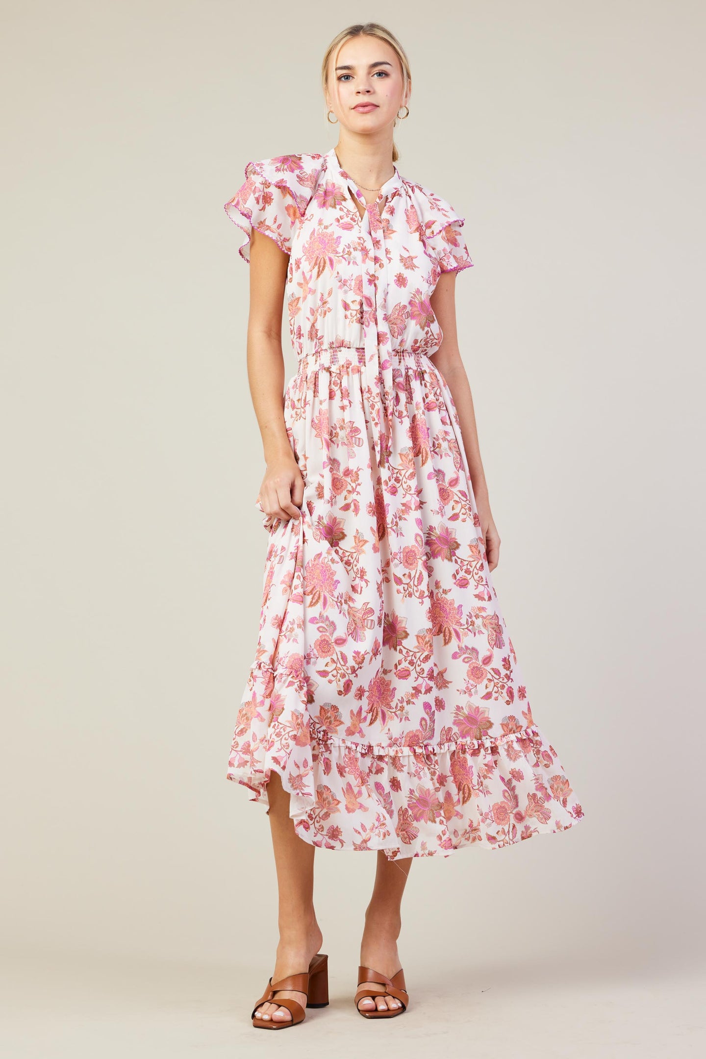 Ceres Floral Print Tie Neck Midi Dress