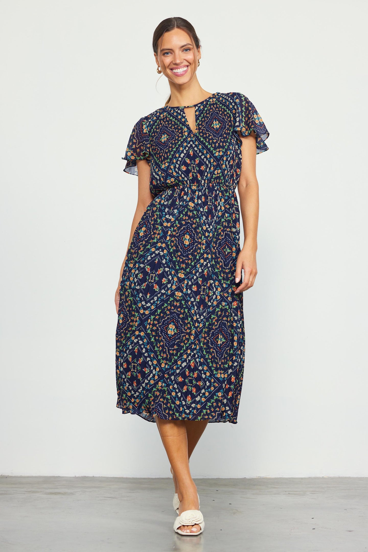 Floral Print Pleated Midi Dress