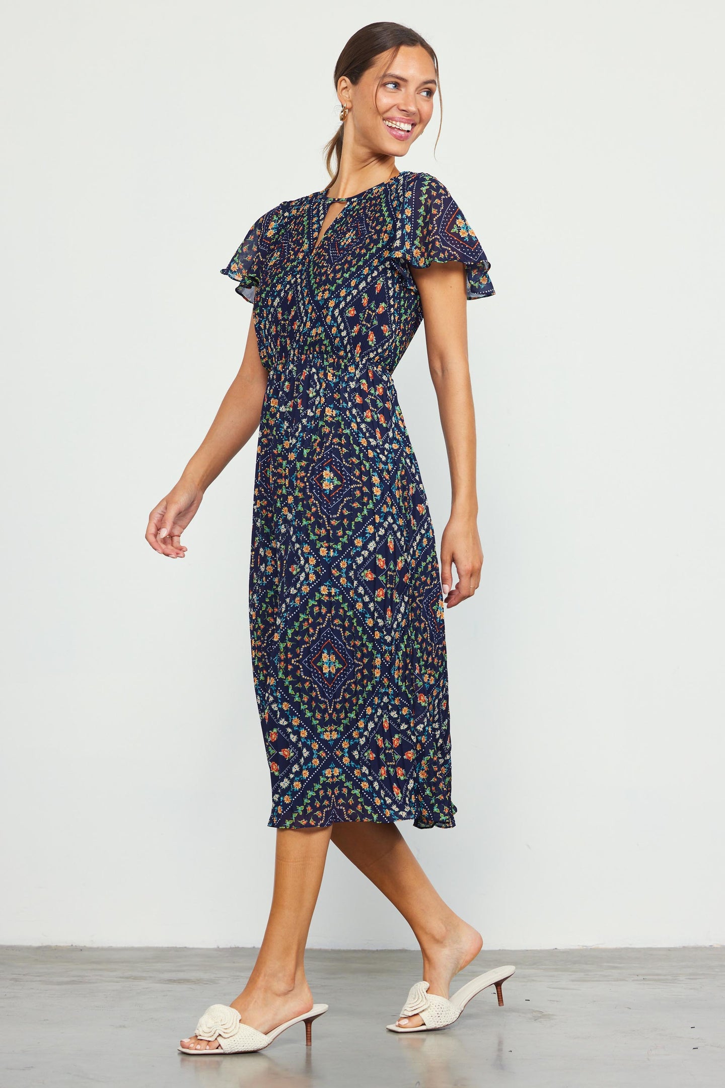 Floral Print Pleated Midi Dress