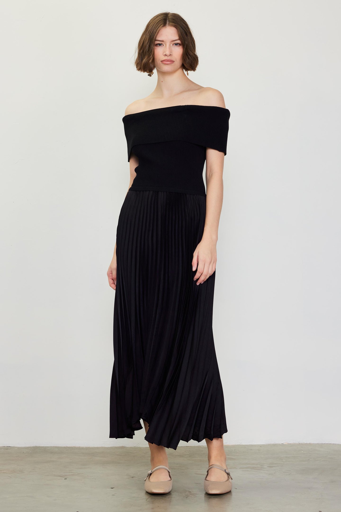 Off Shoulder Mixed Media Pleated Dress