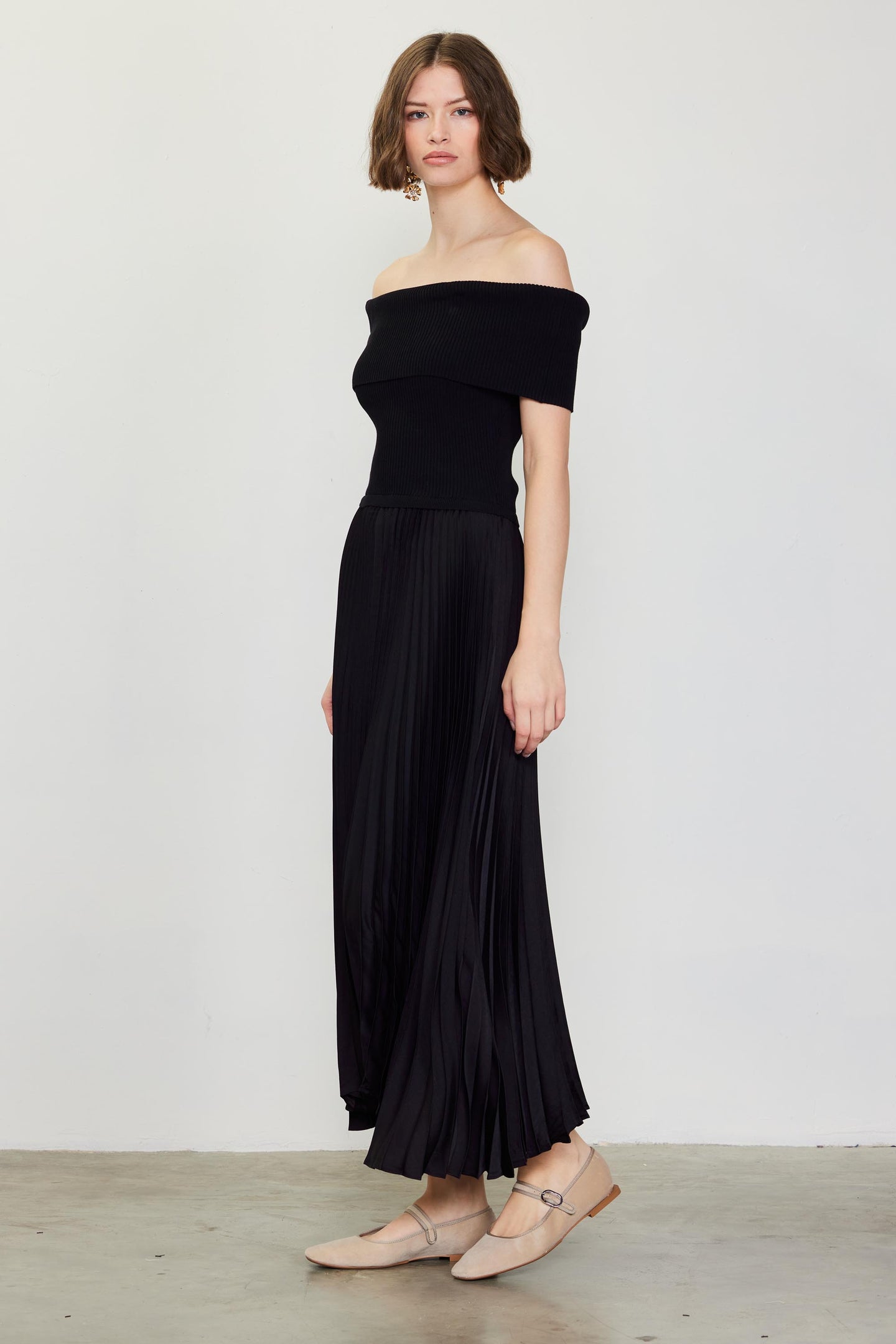 Off Shoulder Mixed Media Pleated Dress