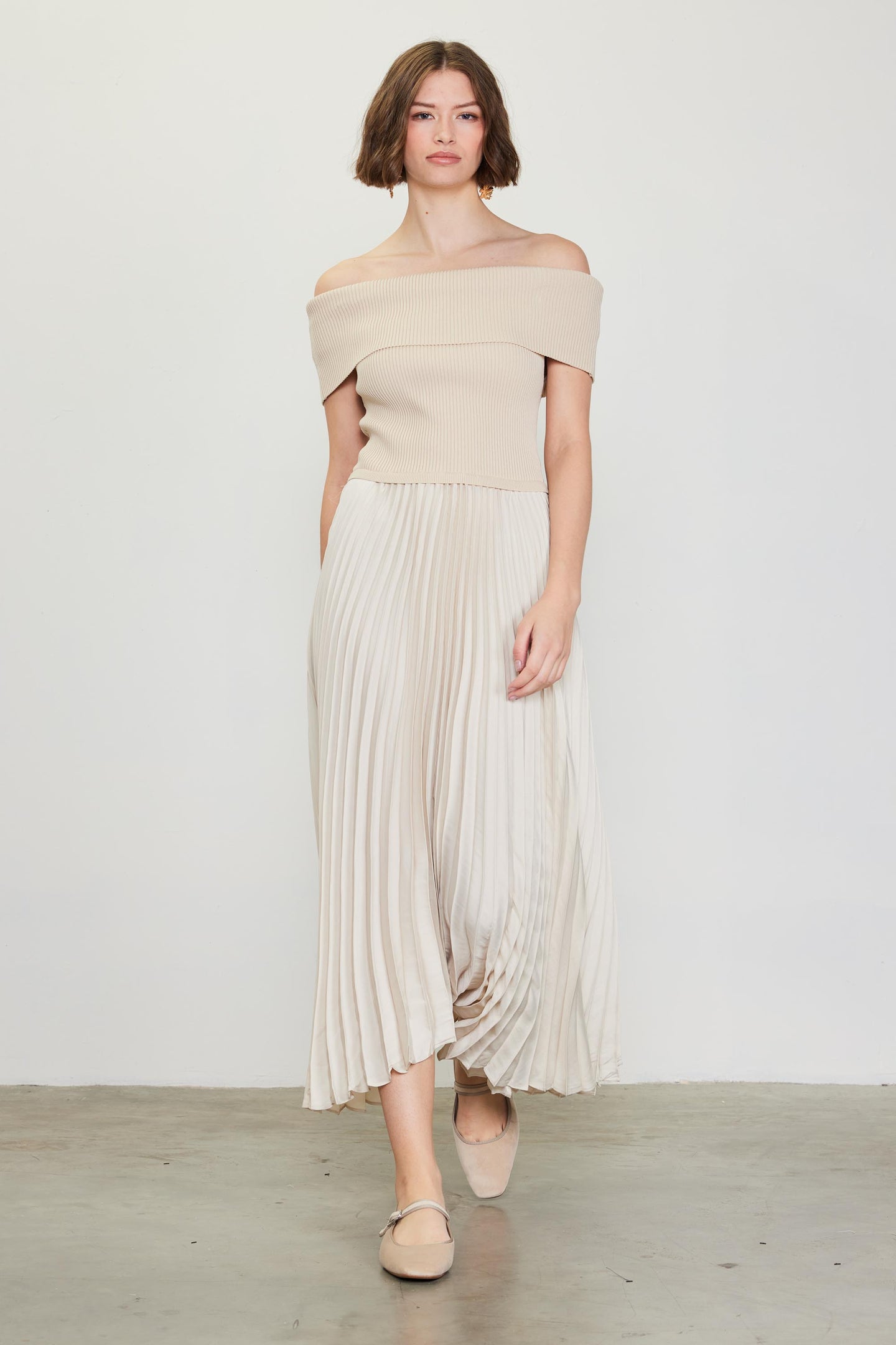 Off Shoulder Mixed Media Pleated Dress