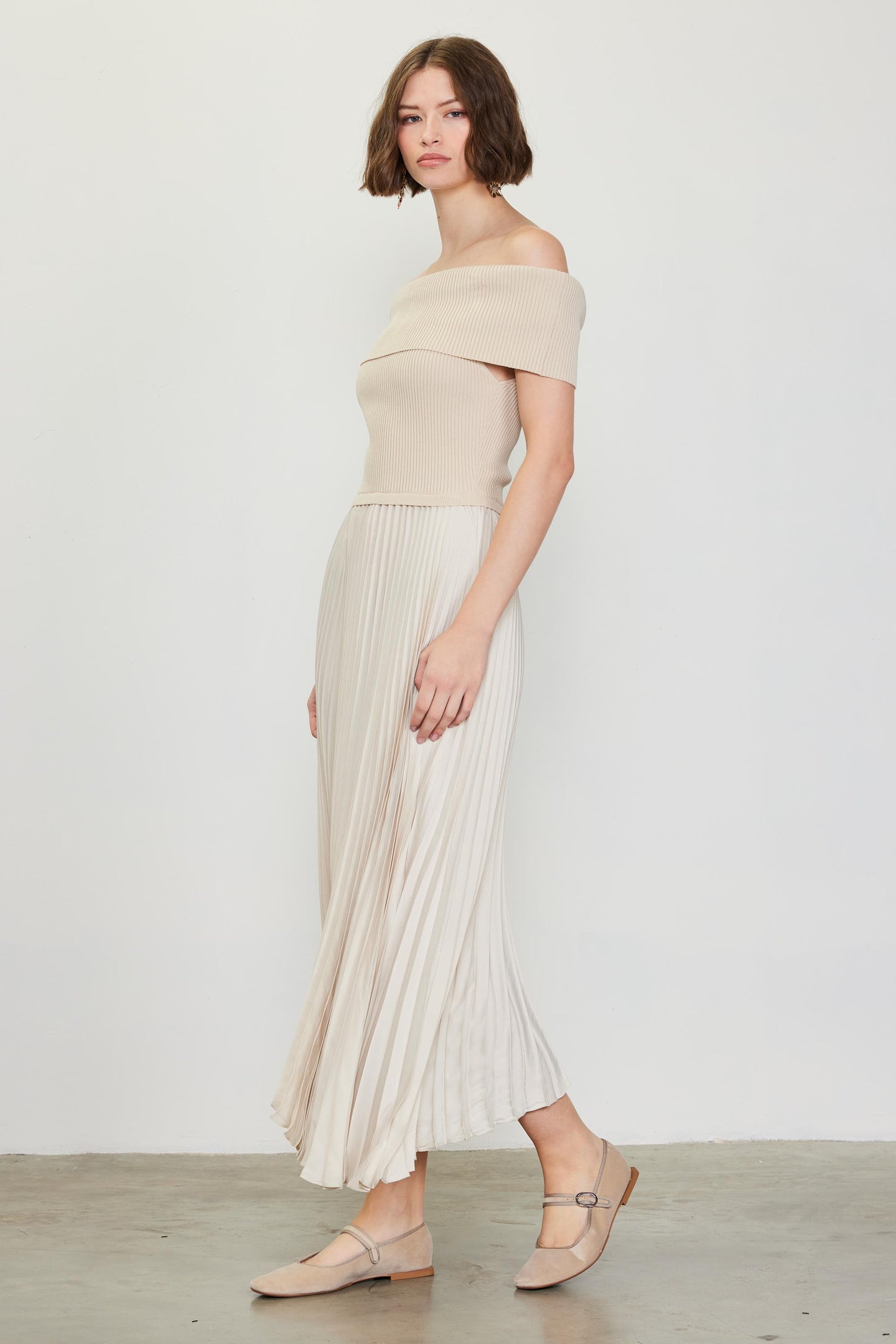 Off Shoulder Mixed Media Pleated Dress