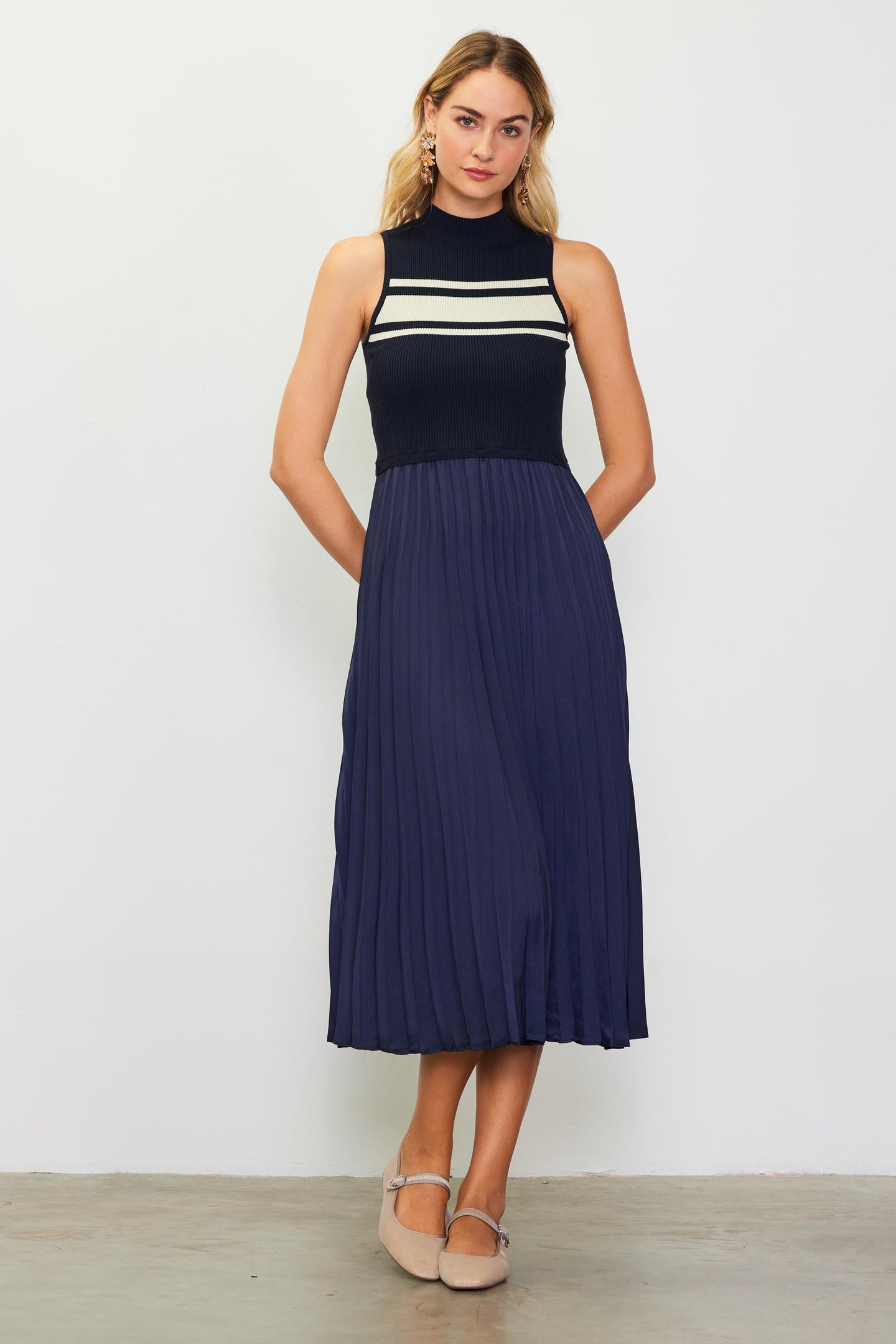 Mixed Media Pleated Midi Dress