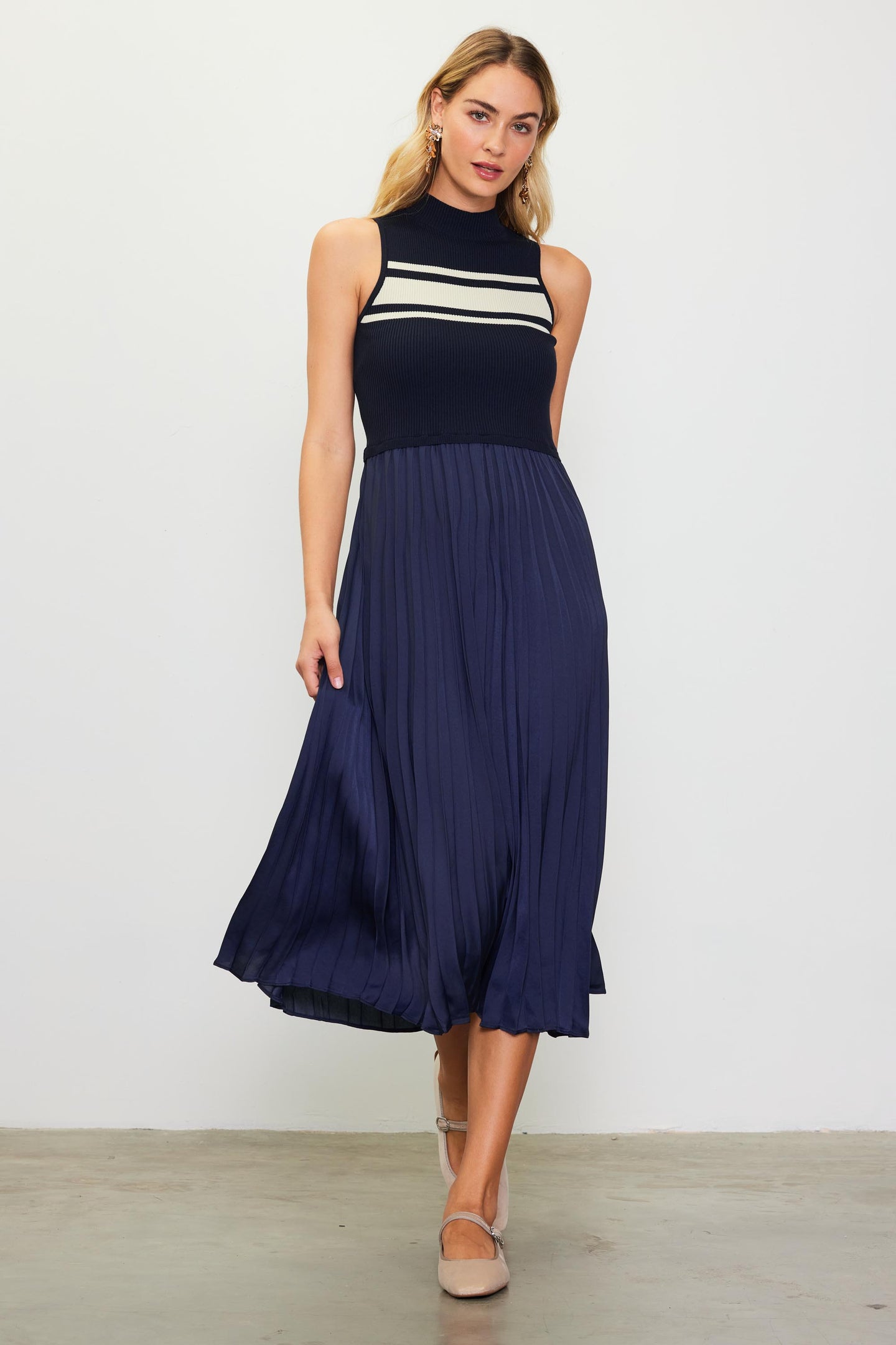 Mixed Media Pleated Midi Dress