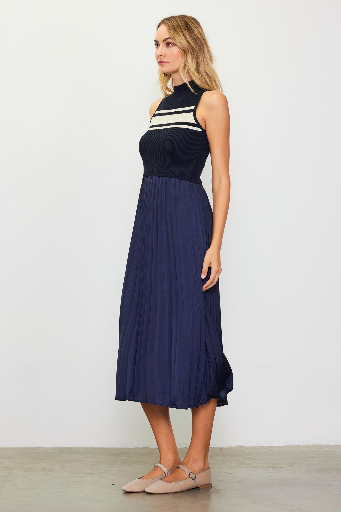 Mixed Media Pleated Midi Dress