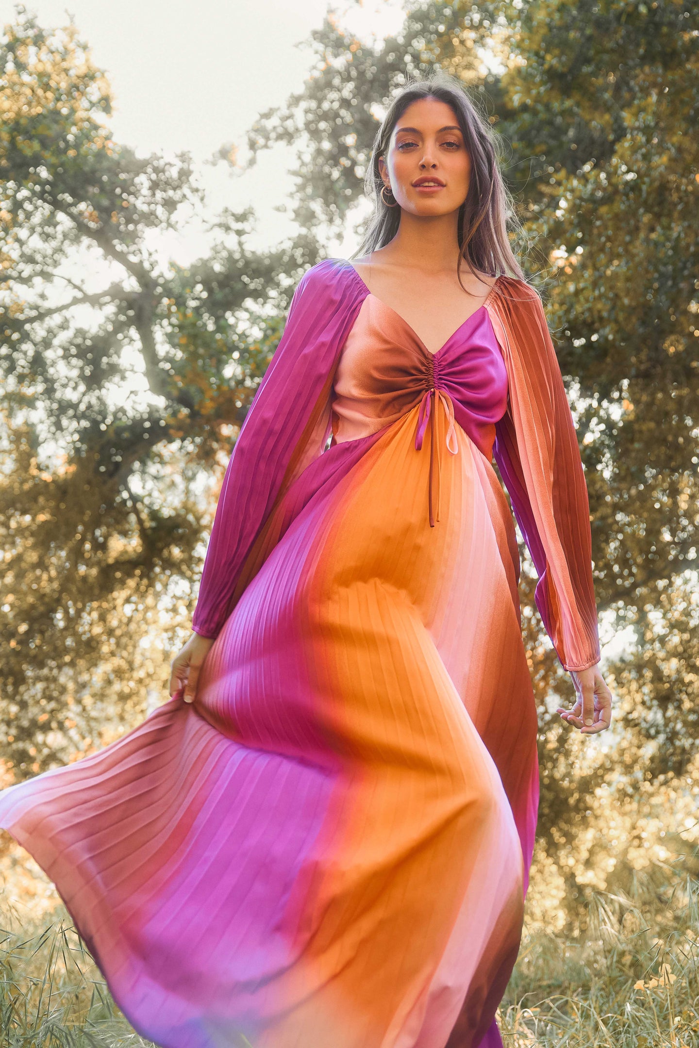 Retro Gradation Pleated Maxi Dress