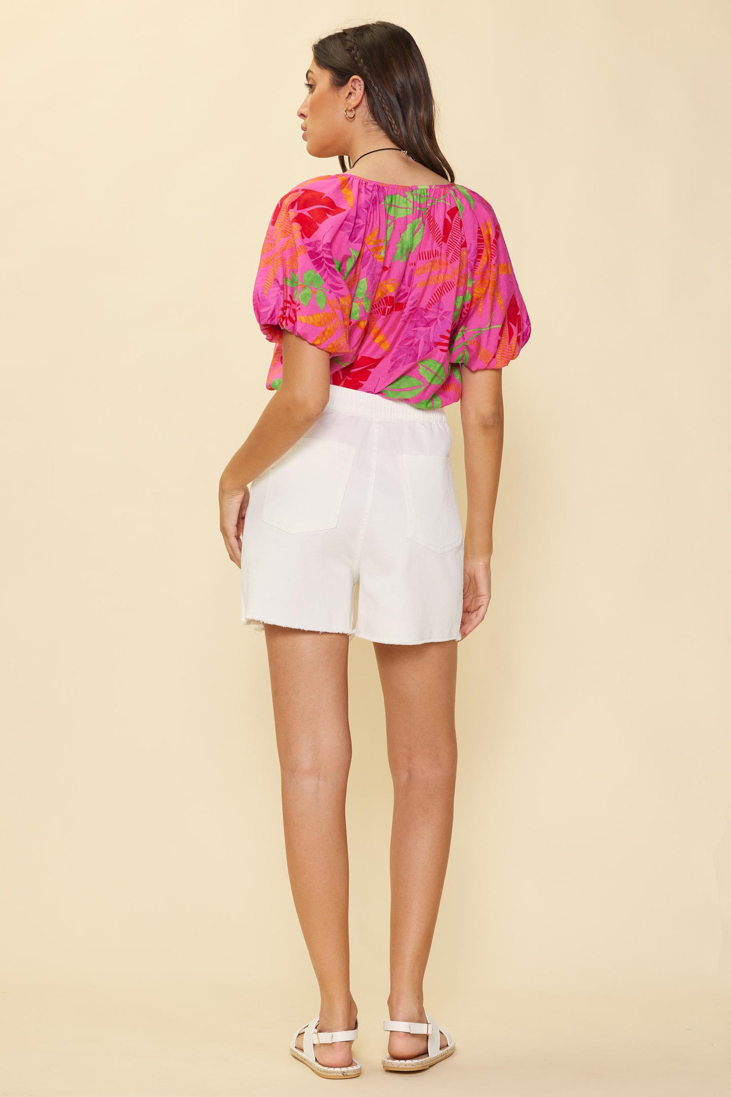 Tropical Print Bubble Sleeve Top