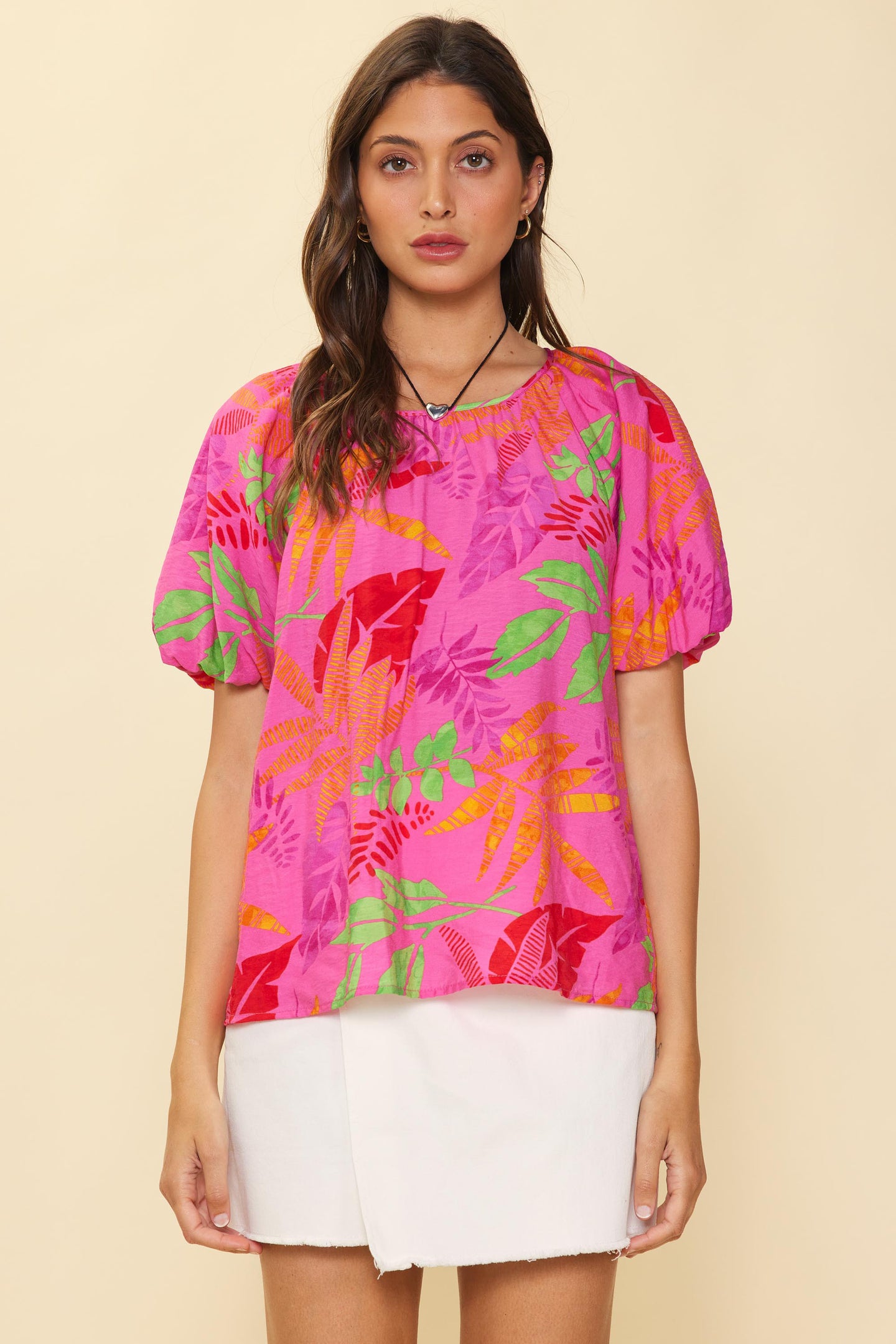 Tropical Print Bubble Sleeve Top