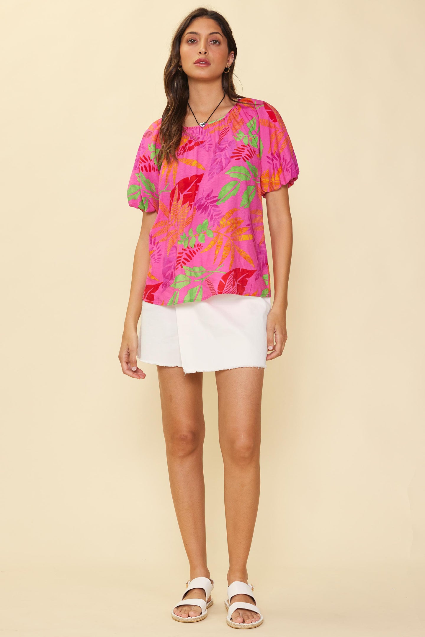 Tropical Print Bubble Sleeve Top