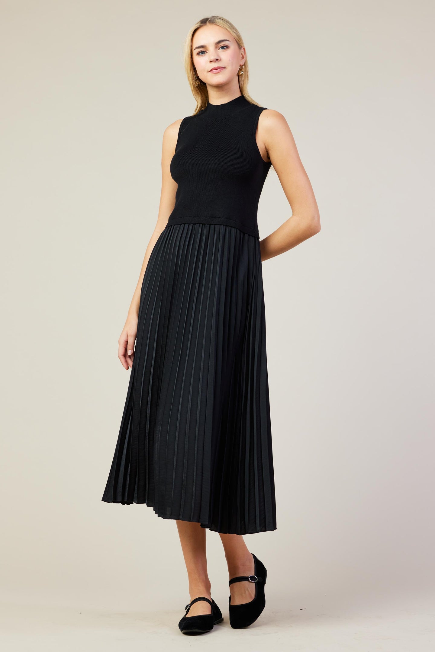 Mixed Media Pleated Midi Dress