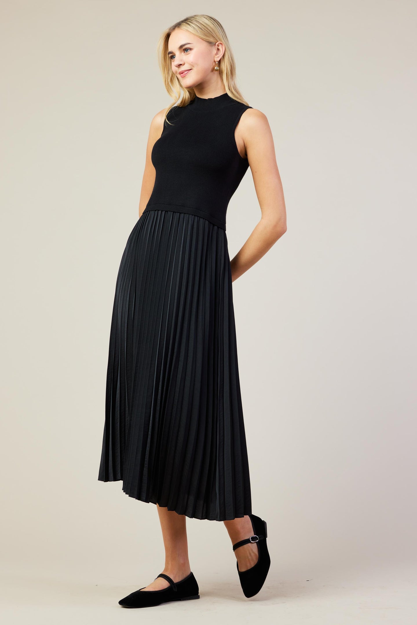 Mixed Media Pleated Midi Dress