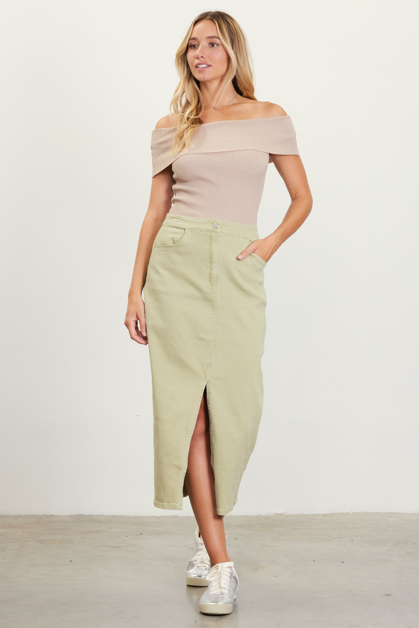 Washed Cotton Twill Midi Skirt