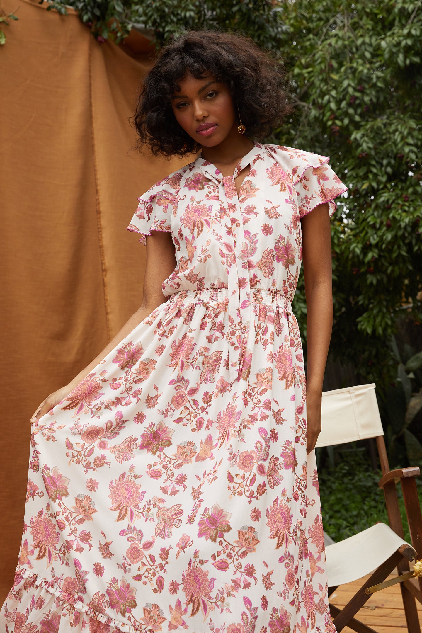 Ceres Floral Print Tie Neck Midi Dress