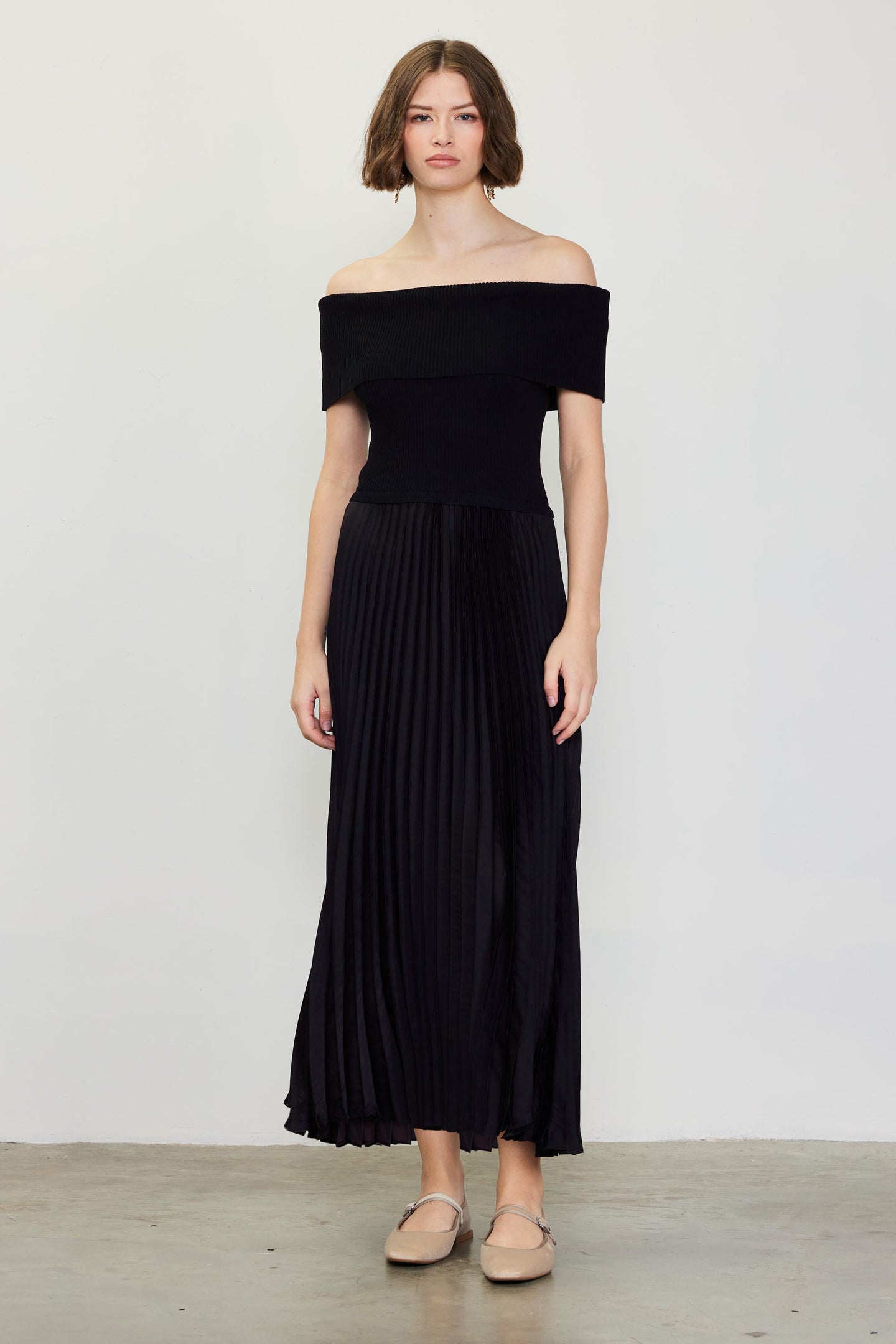 Off Shoulder Mixed Media Pleated Dress