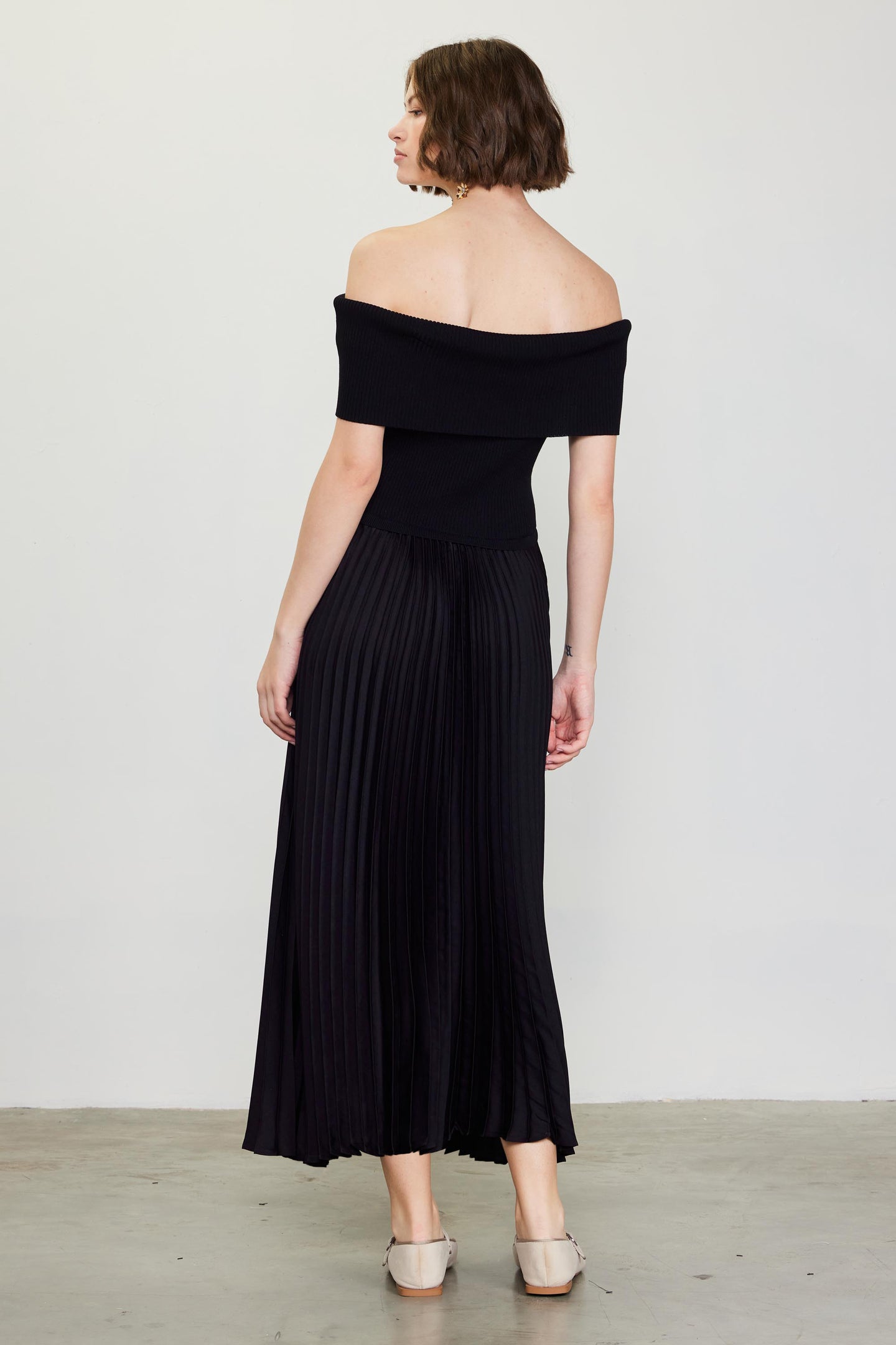 Off Shoulder Mixed Media Pleated Dress