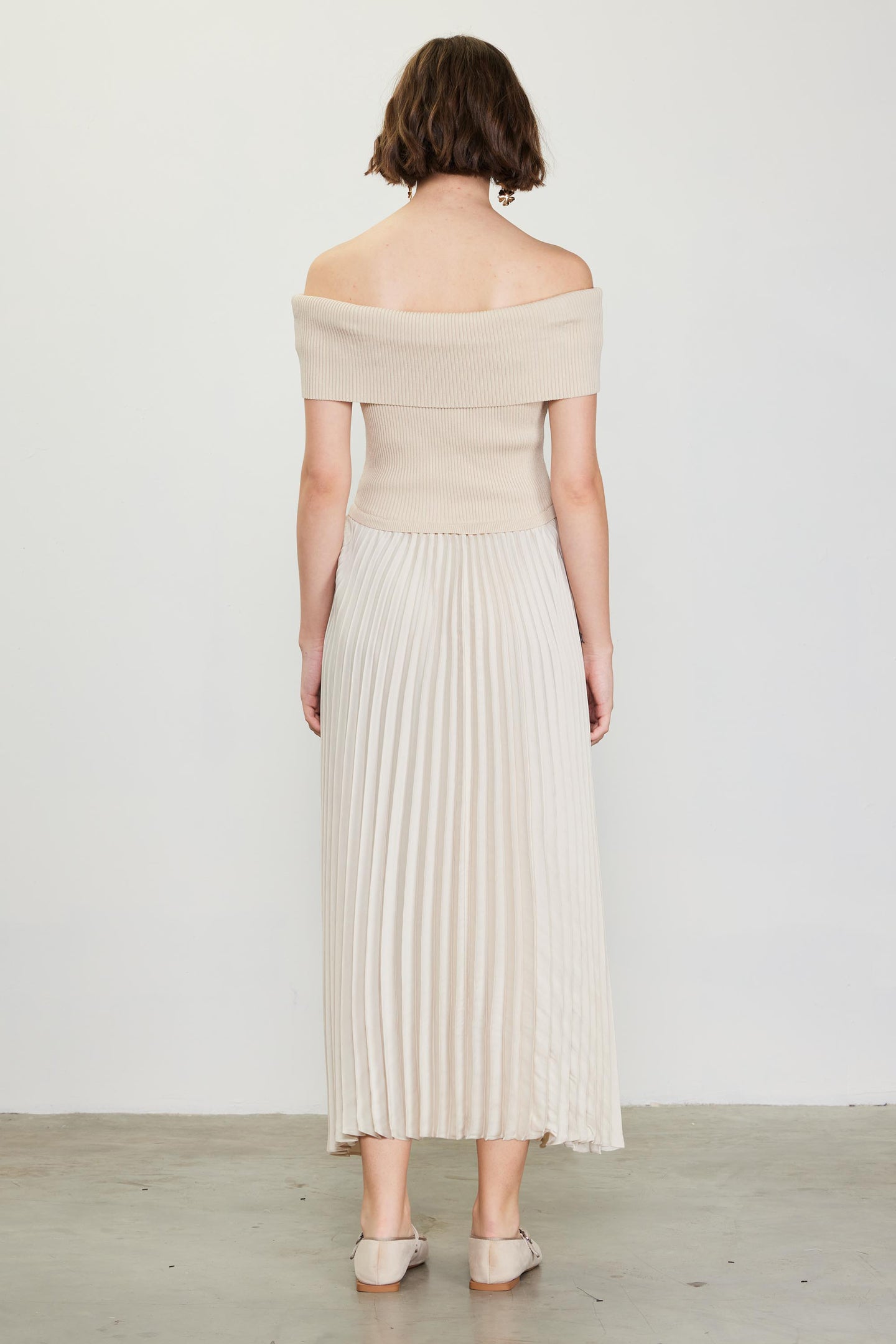 Off Shoulder Mixed Media Pleated Dress