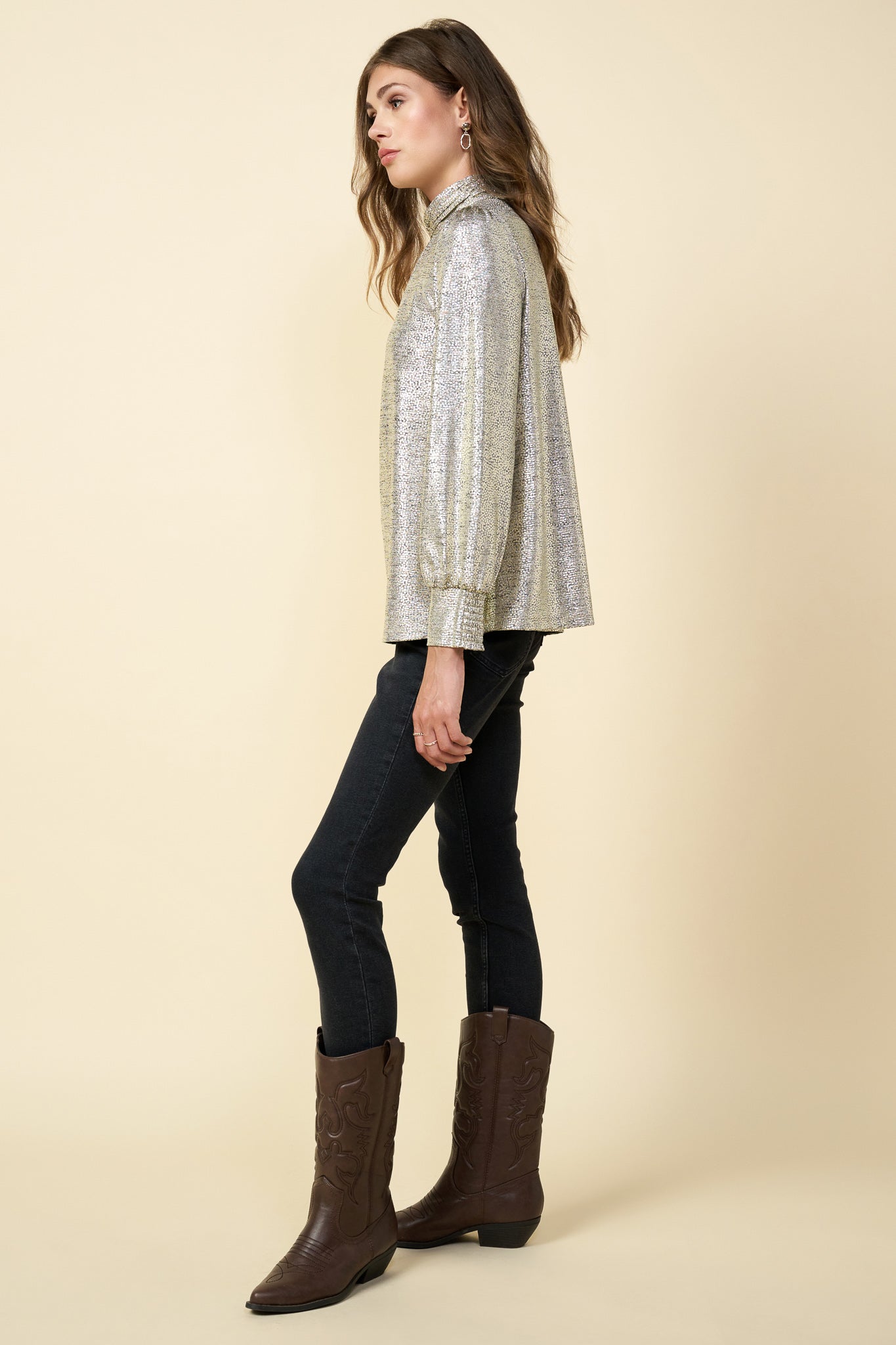 Metallic Mock Neck Blouse