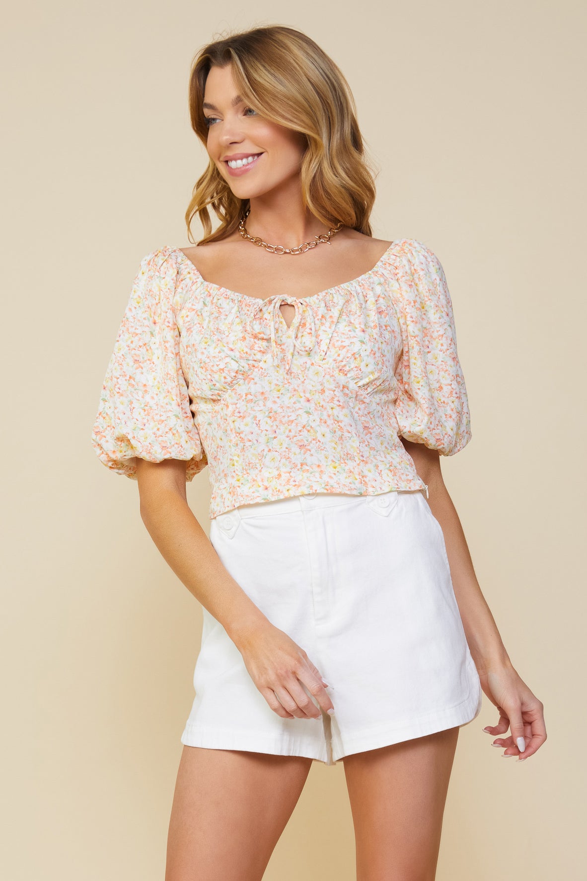 Smocked Floral Print Top