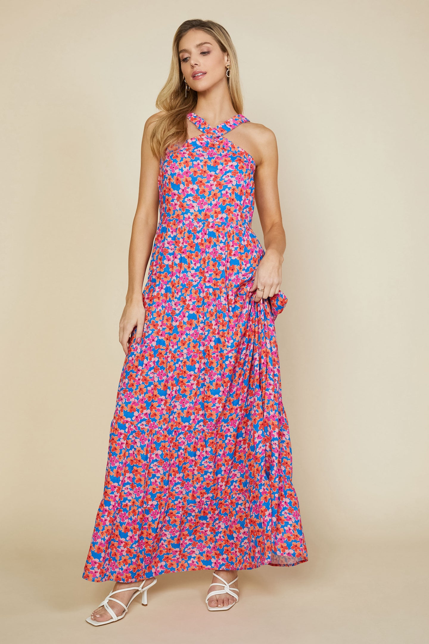 Bohemian Floral Crossed Neck Maxi Dress