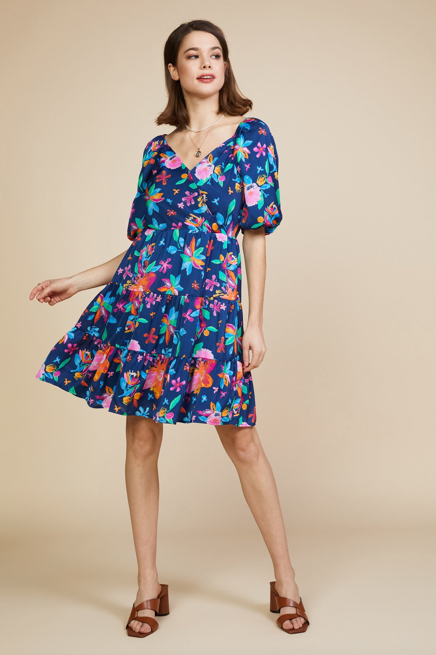 Aquatic Floral Surplice Short Dress