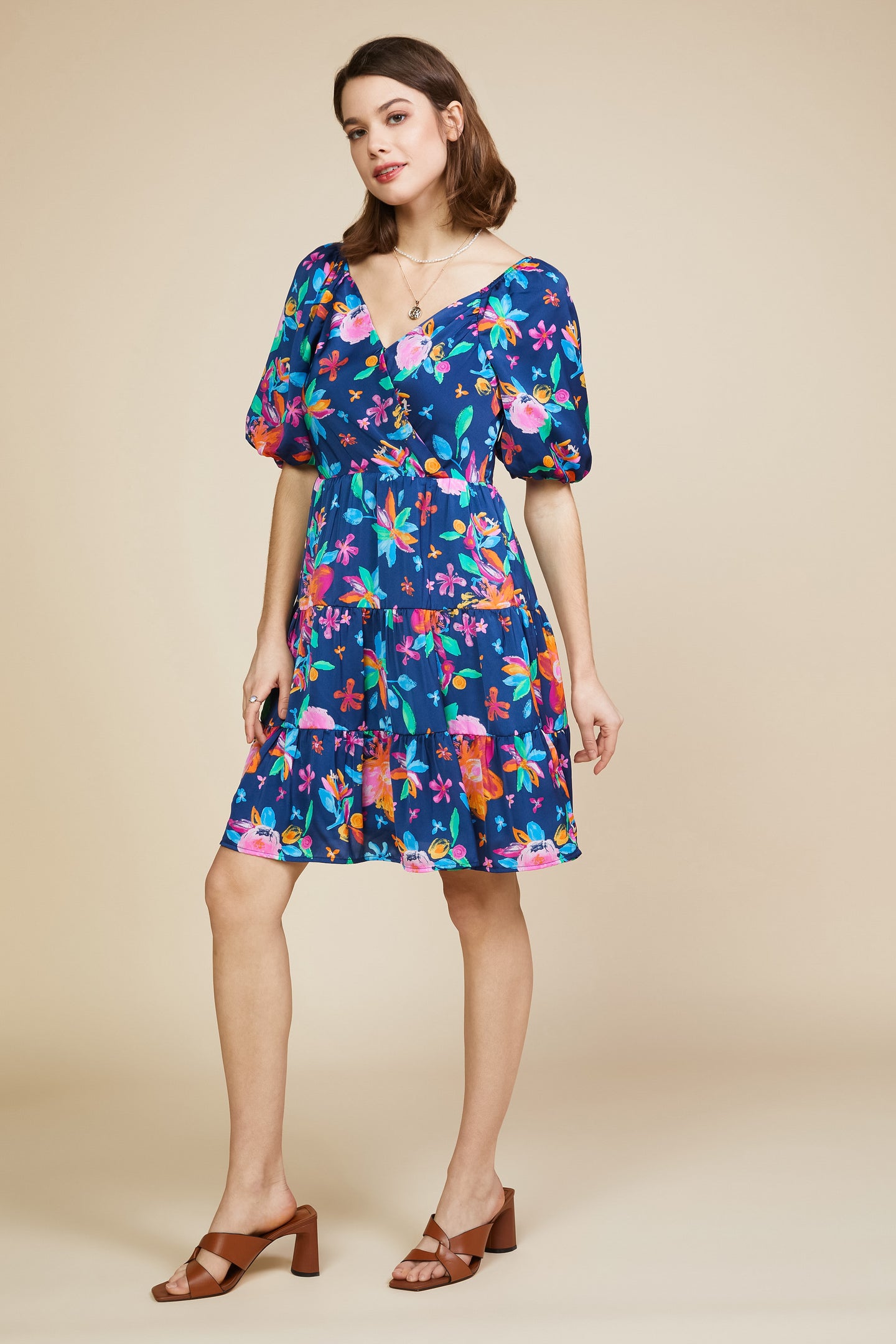 Aquatic Floral Surplice Short Dress